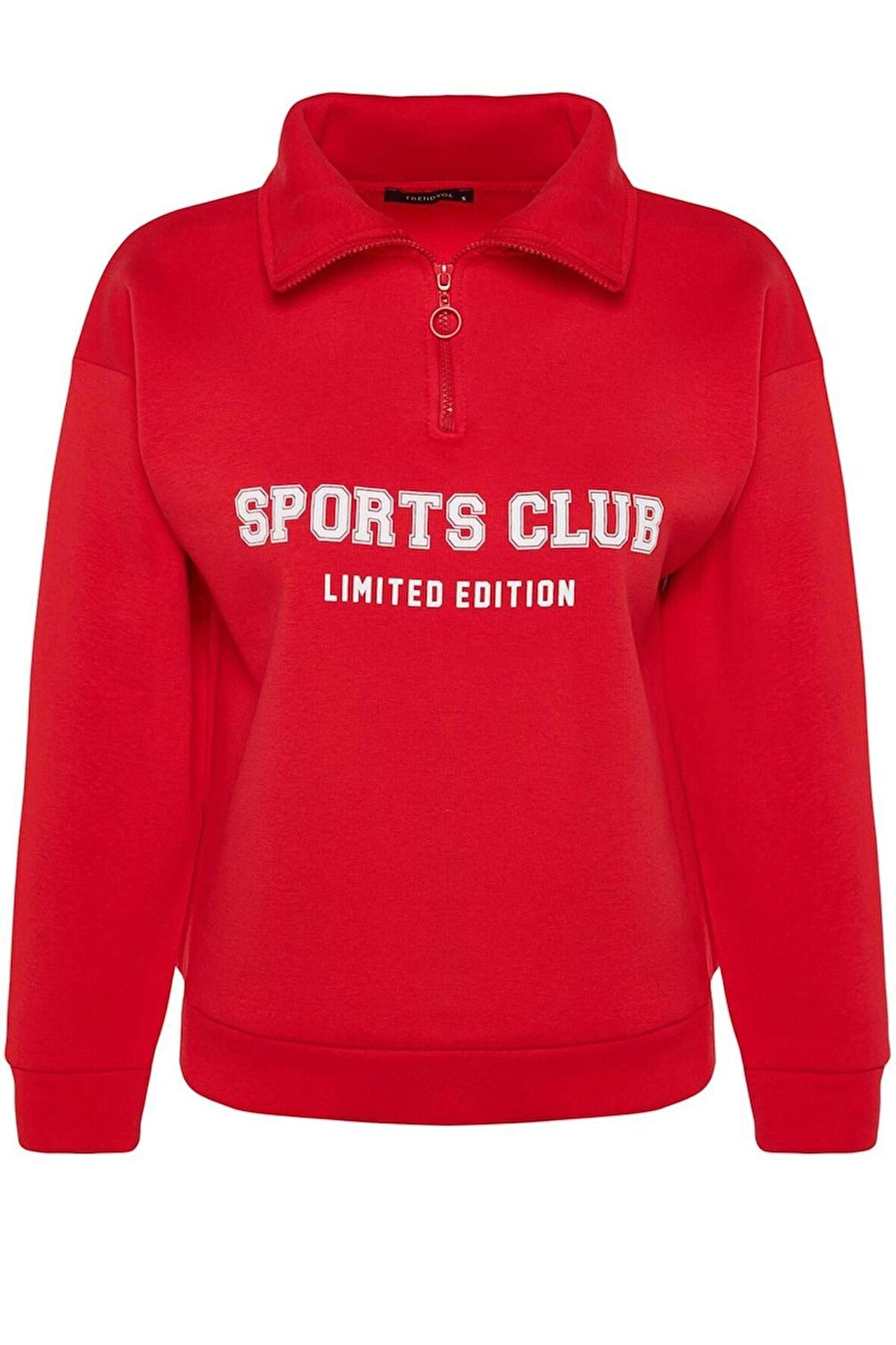 Kadın Bol Fermuarlı Yaka Düşük Kol Uzun Normal Kalıp Sloganlı Fermuarlı Kalın İçi Polarlı Sweatshirt
