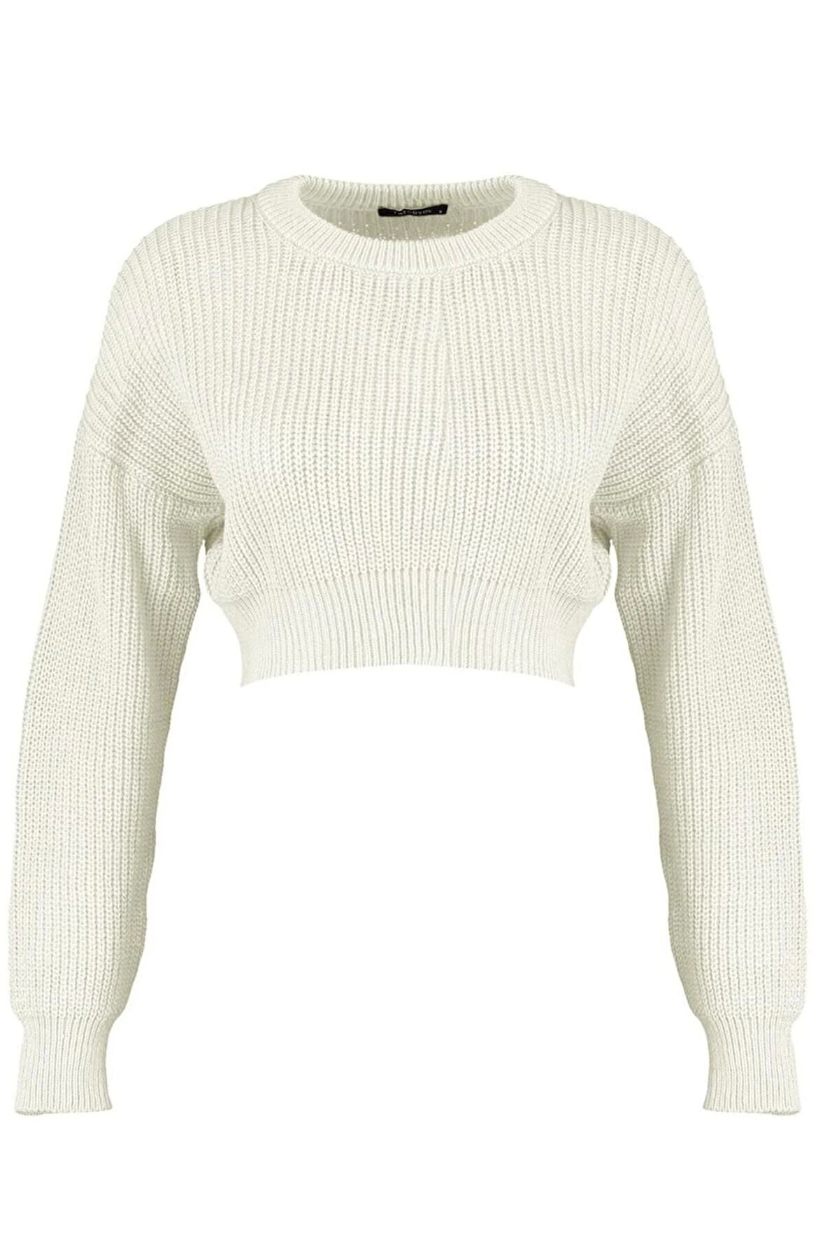 Kadın Moda Şık Crop Bisiklet Yaka Uzun Kol Düz Super Crop Basic Triko Kazak