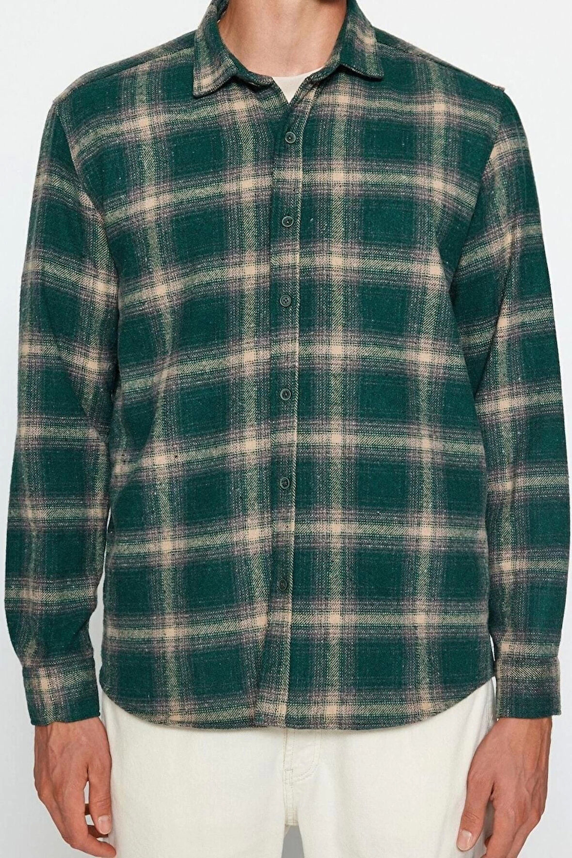 Erkek Moda Uzun Kol Dokuma Yeşil Regular Fit Kışlık Kareli Oduncu Gömlek
