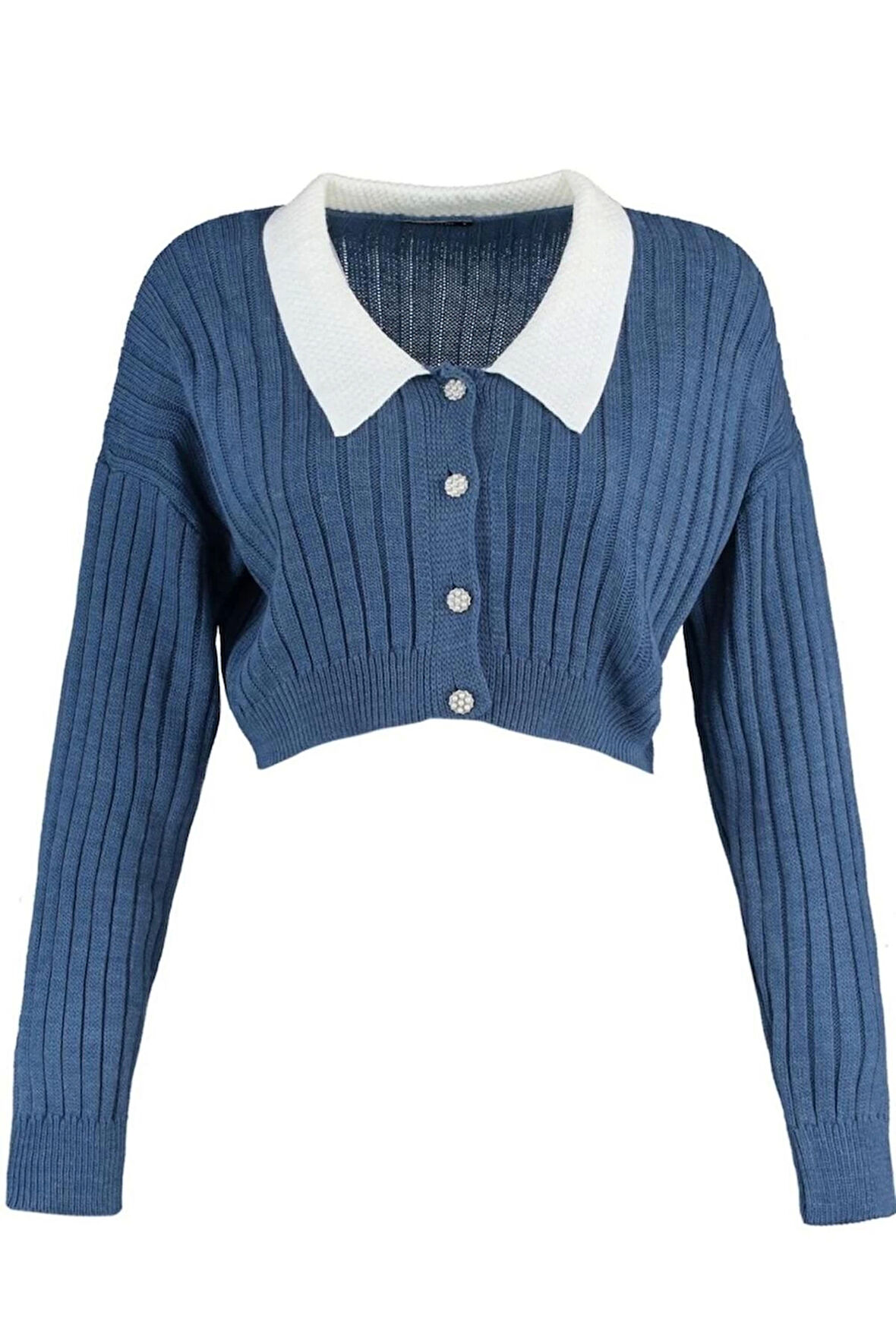 Kadın Moda Şık Crop Bebe Yaka Regular Süper Crop Gömlek Yaka Garnili Triko Hırka