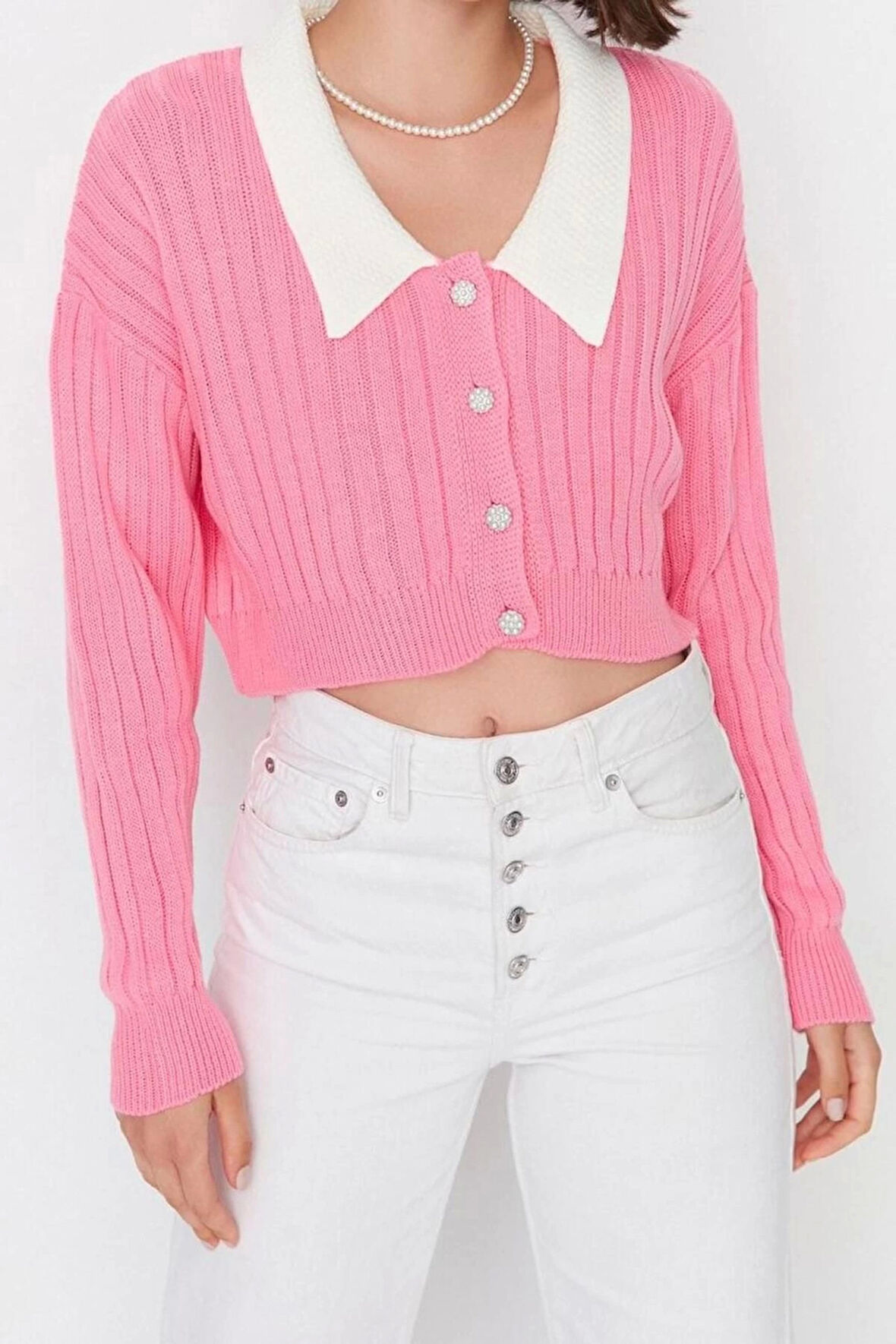Kadın Moda Şık Crop Bebe Yaka Regular Süper Crop Gömlek Yaka Garnili Triko Hırka