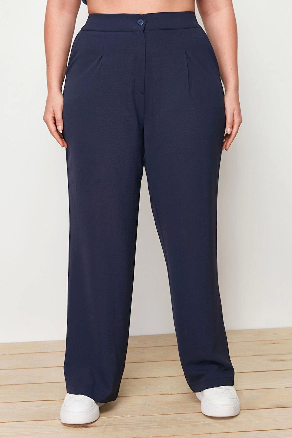 Kadın Yeni Moda Büyük Beden Geniş Paça Uzun Boy Dokuma Yüksek Bel Pileli Kumaş Pantolon