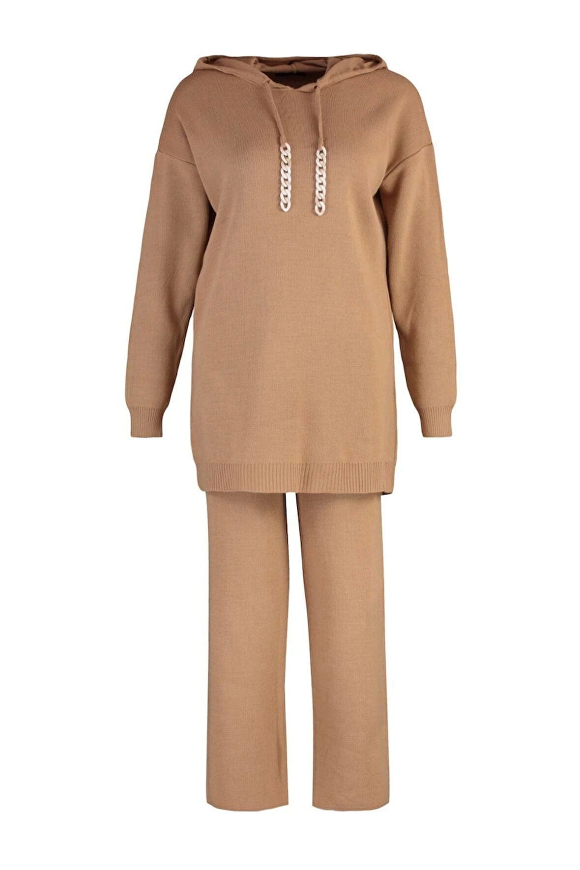 Kadın Moda Şık Geniş Paça Uzun Kollu Camel İpleri Zincir Detaylı Kazak-Pantolon Triko Takım