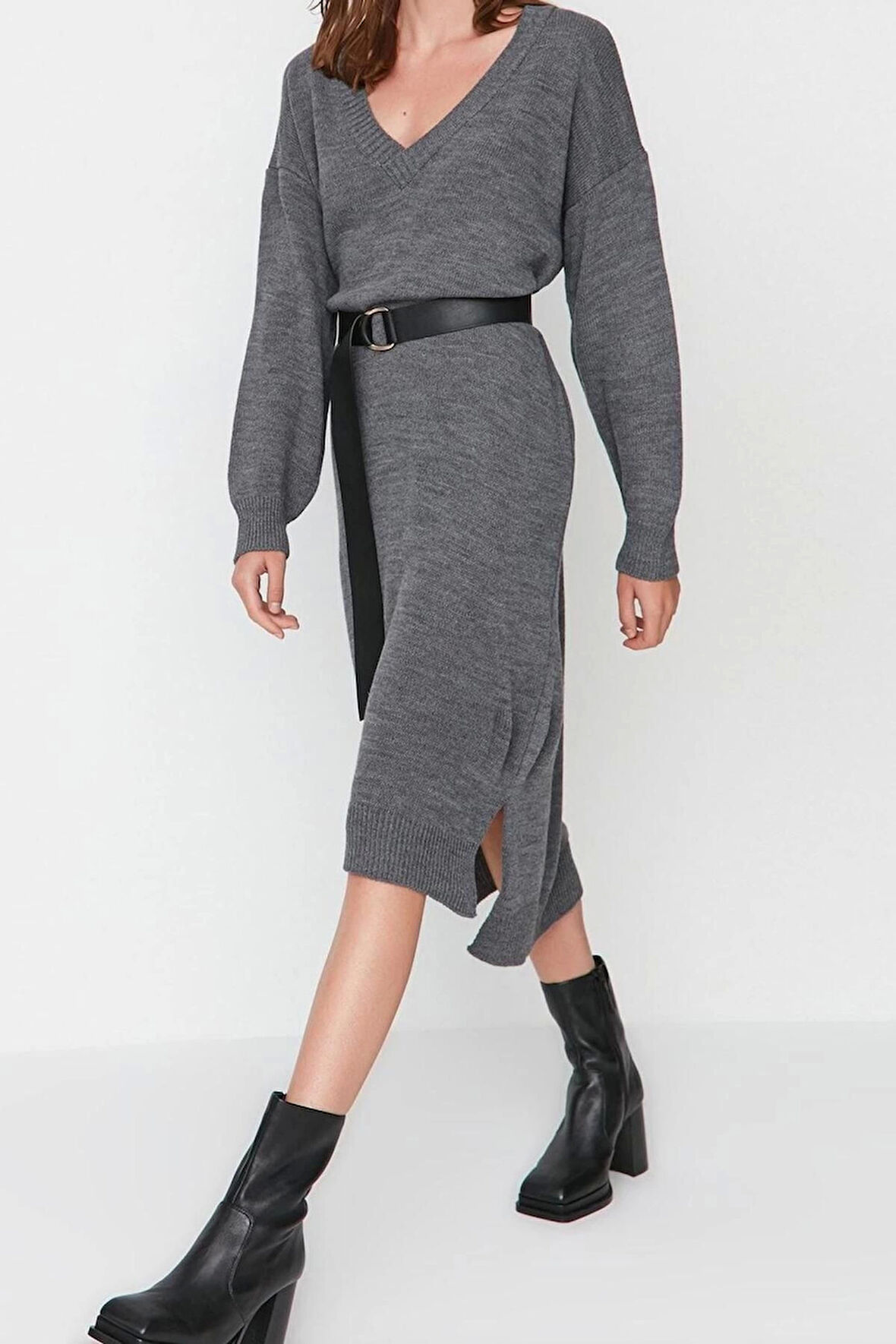 Yeni Oversize Casual Günlük Selanik Triko V Yaka Uzun Kol Shift Maxi Boy Elbise