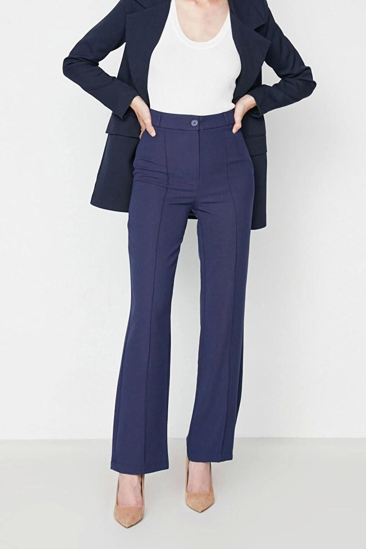 Kadın Yeni Moda Boru Paça Uzun Boy Dokuma Düz Kesim Yüksek Bel Nervür Dikişli Pantolon