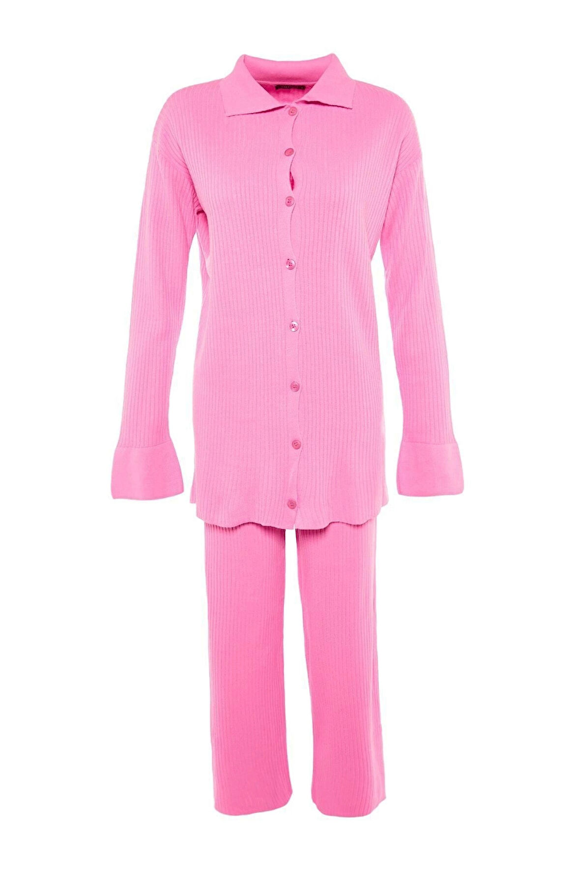 Kadın Moda Şık Geniş Paça Regular Boy Uzun Kollu Yırtmaç Detaylı Hırka-Pantolon Triko Takım