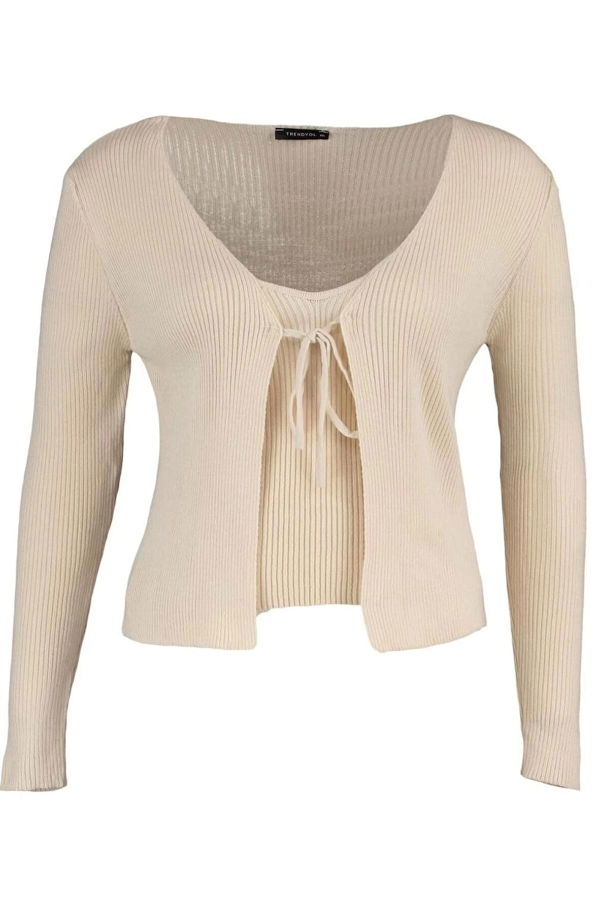 Kadın Büyük Beden Moda Şık Crop V Yaka Uzun Kol Düz Bağlama Detaylı İnce Triko Hırka&Atlet Takım