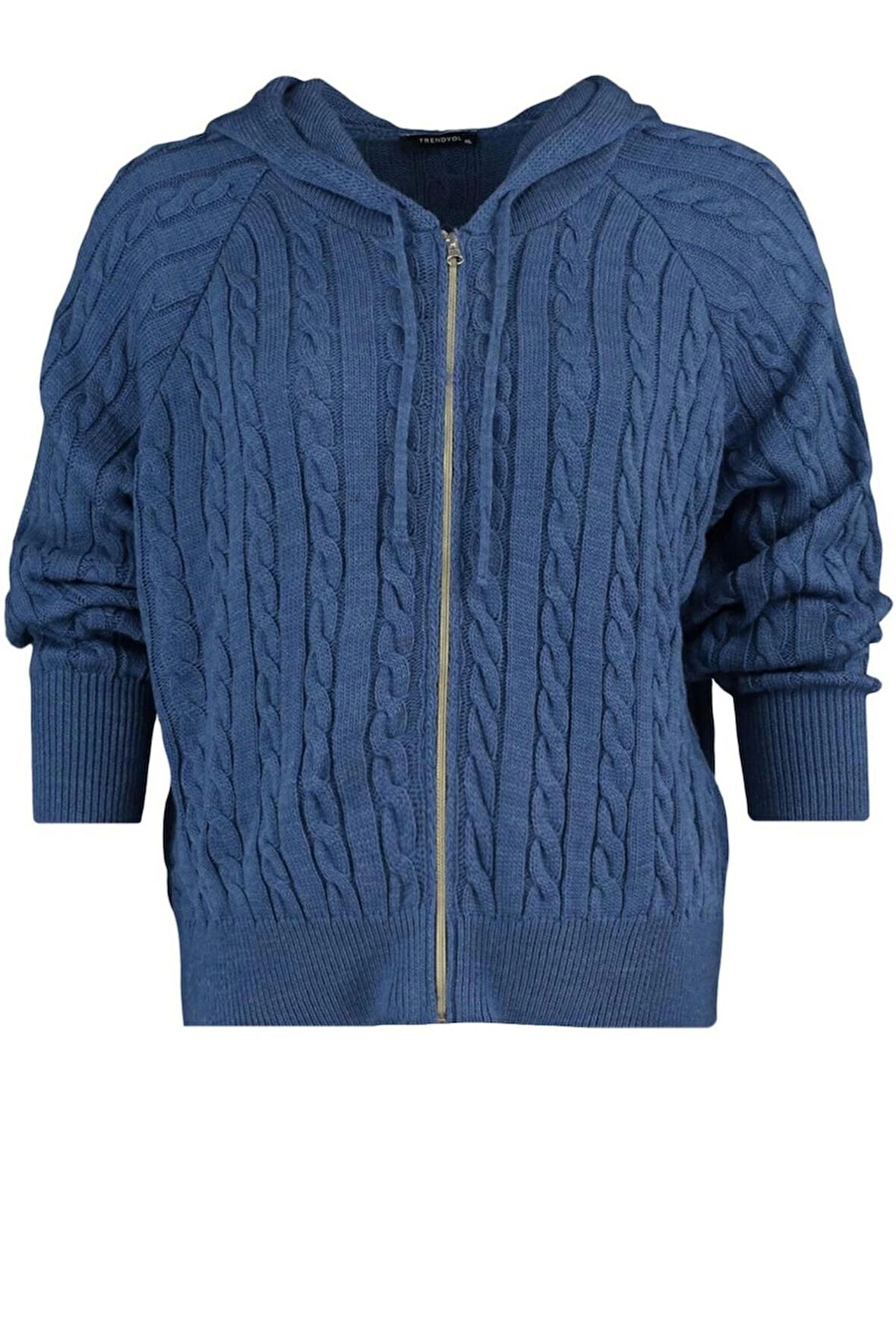 Kadın Büyük Beden Moda Şık Regular Kapüşonlu Uzun Kol Saç Örgü Kapüşonlu Fermuarlı Triko Hırka