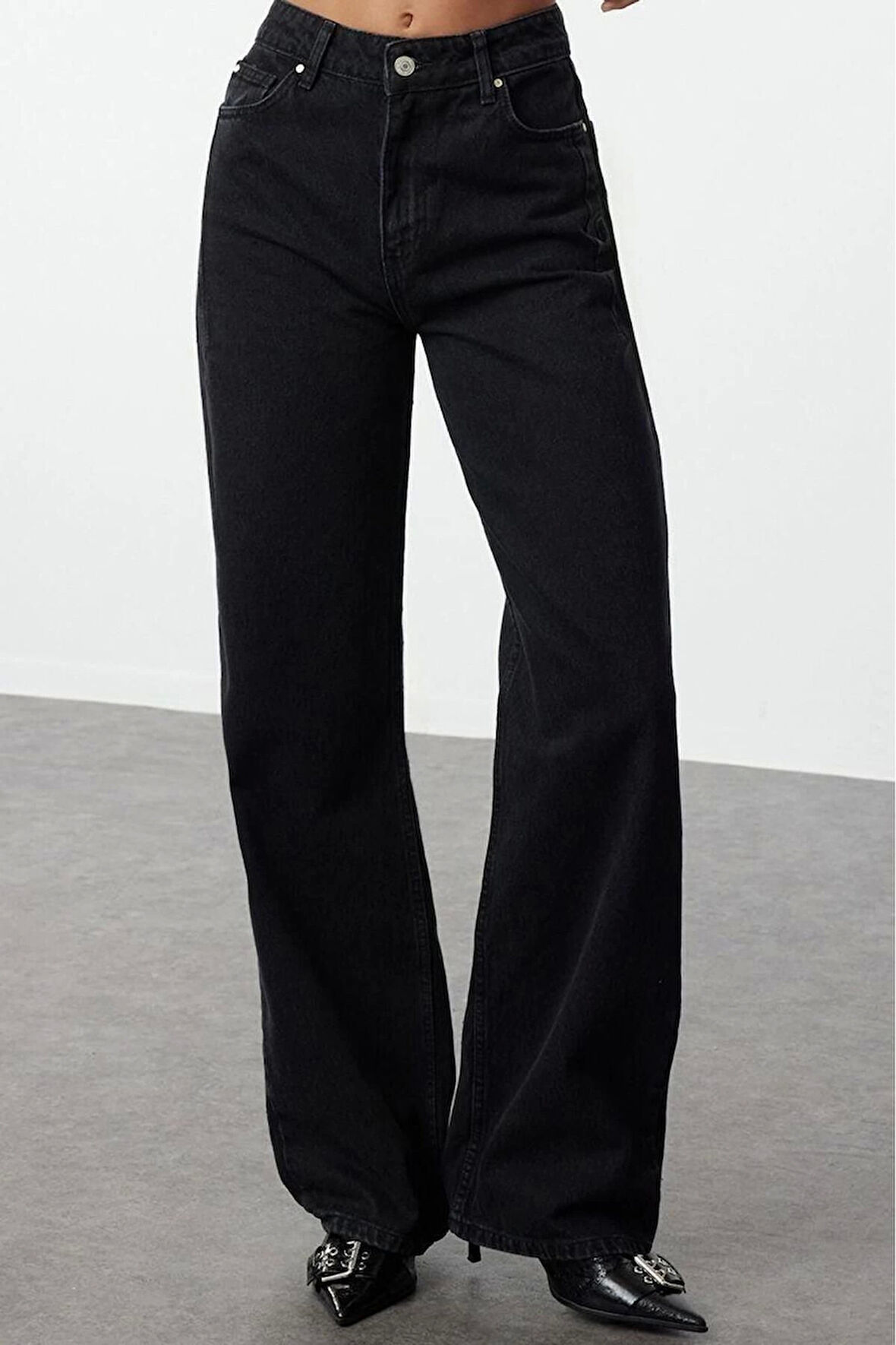 Kadın Moda Şık Kot Pantolon Geniş Paça Regular Boy Denim Pens Detaylı Yüksek Bel Uzun Straight Jeans