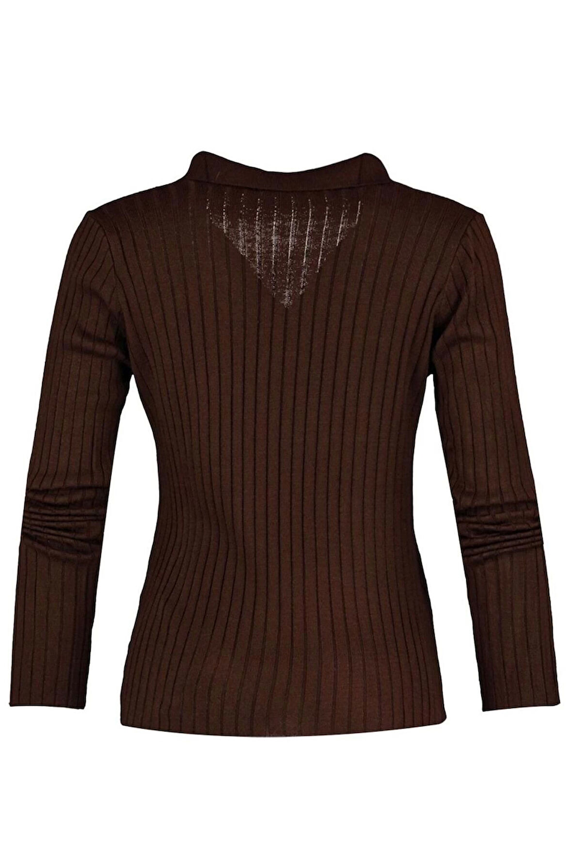 Kadın Moda Şık Regular Polo Yaka Uzun Kol Düz Kol Ucu Detaylı Polo Yaka Triko Kazak