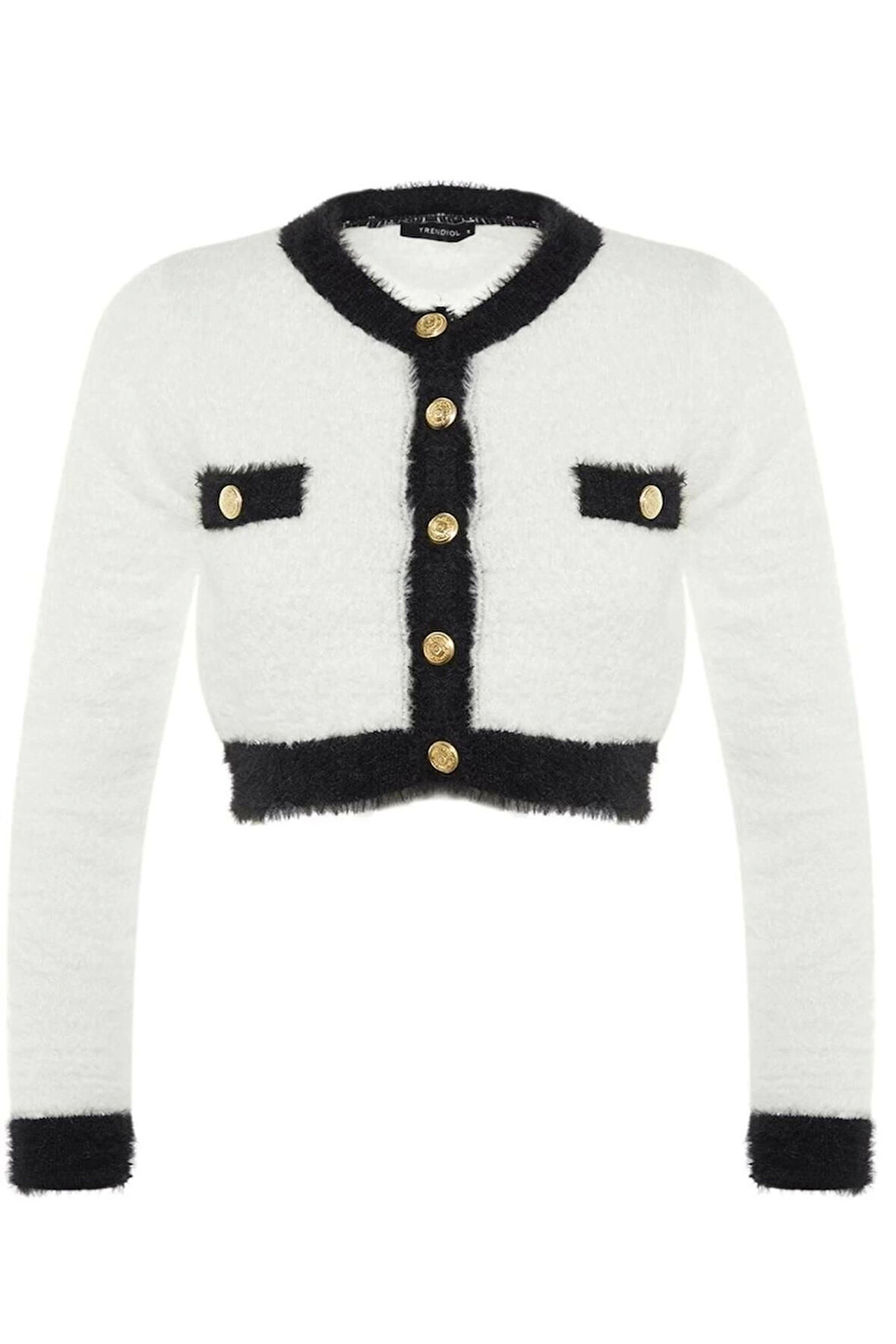 Kadın Moda Şık Crop Bisiklet Yaka Slim Crop Sakal Tüylü İplikli Ceket Görünümlü Triko Hırka