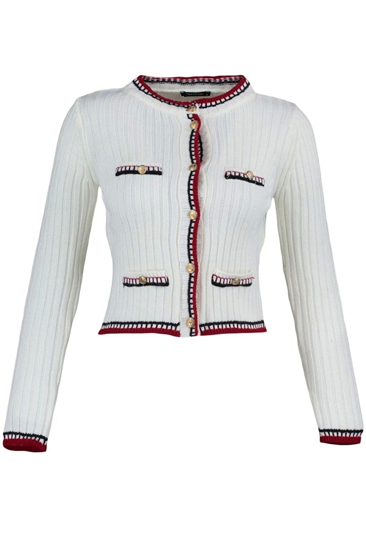Kadın Moda Şık Crop Bisiklet Yaka Regular Crop Renk Bloklu Ceket Görünümlü Triko Hırka