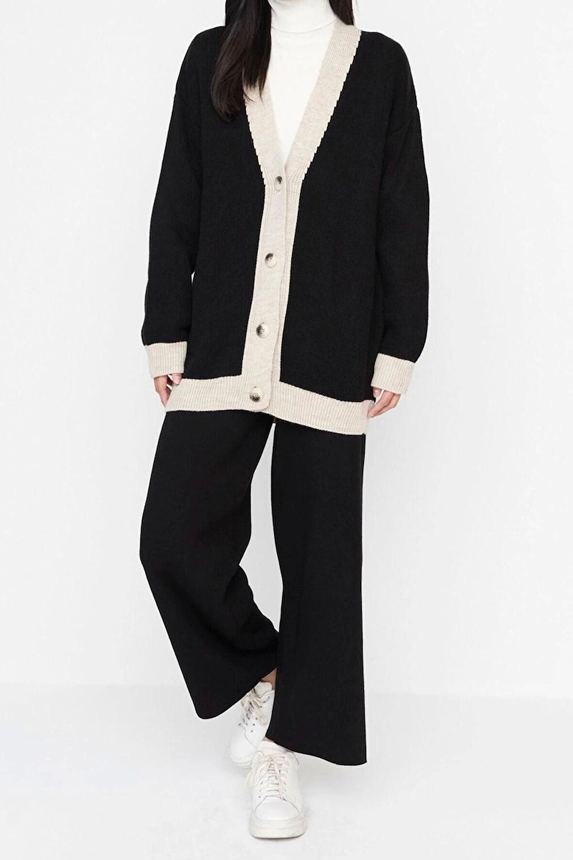 Kadın Moda Şık Geniş Paça Regular Boy Uzun Kollu Şerit Detaylı Hırka-Pantolon Triko Takım