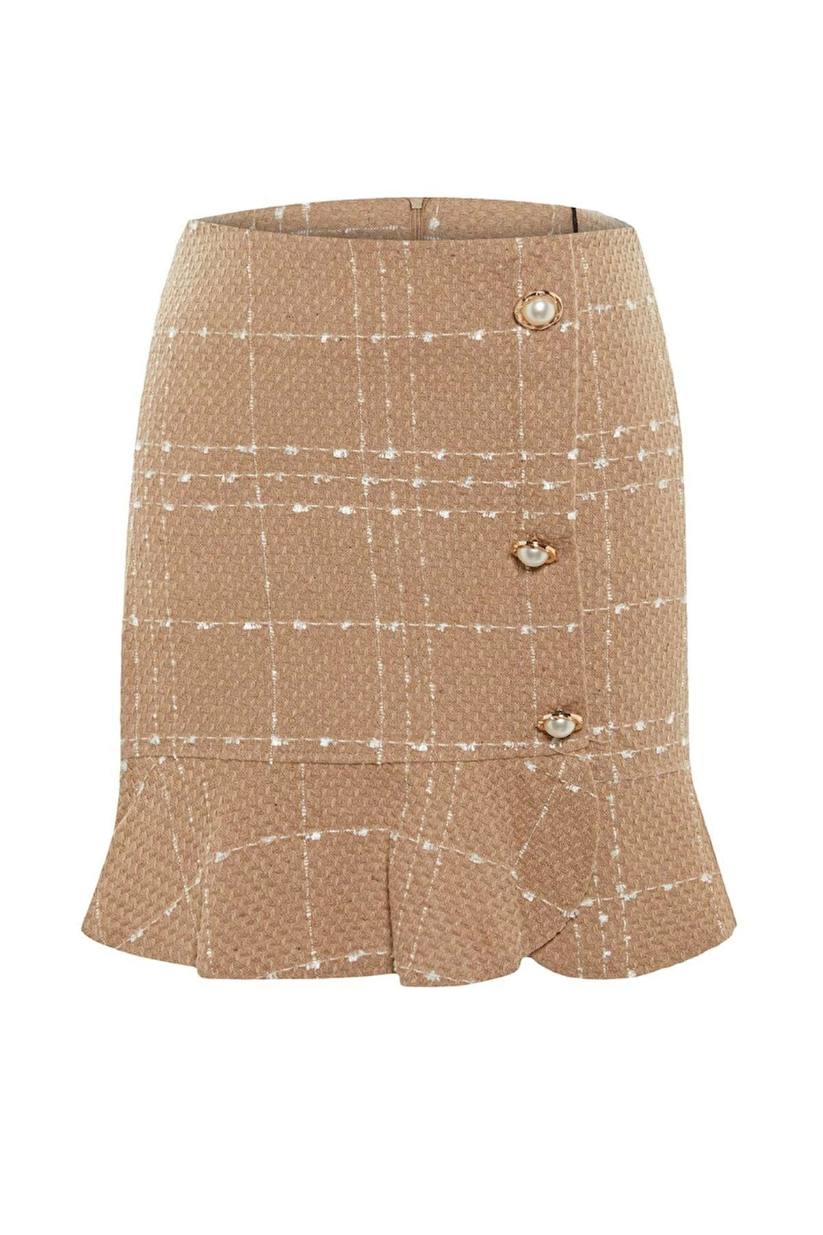 Kadın Moda Stil Mini Astarsız Dokuma Düğmeli Tüvit Kumaş Etek Ucu Volanlı Mini Dokuma Etek