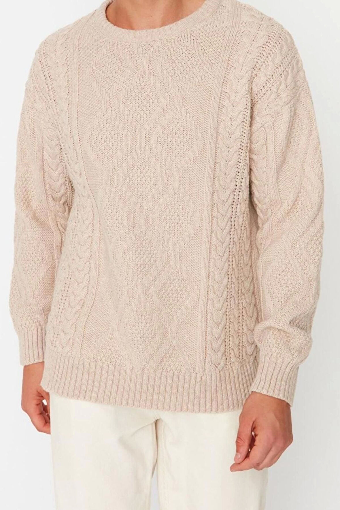 Erkek Moda Şık Regular Bisiklet Yaka Uzun Kol Saç Örgü Oversize Triko Kazak