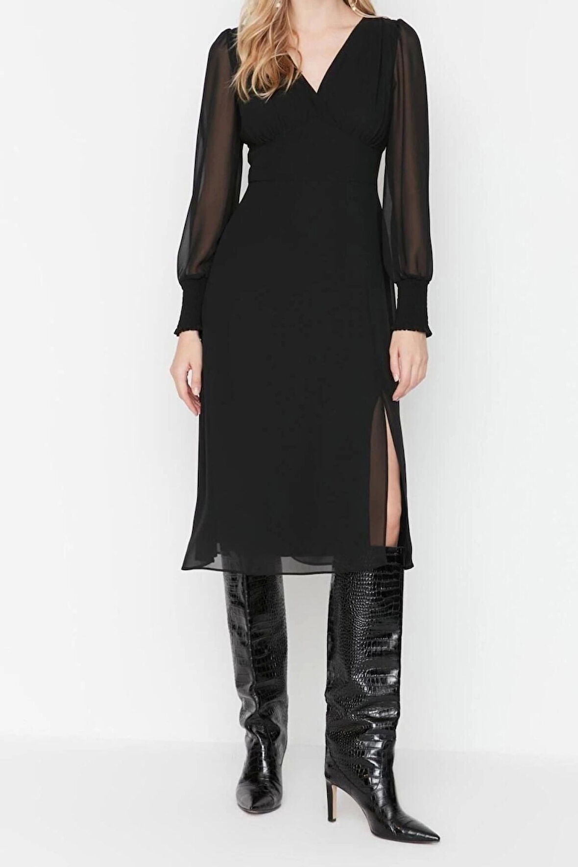 Yeni Regular Gündüz Gece Şifon Dokuma V Yaka Uzun Kol A-Line Midi Boy Elbise