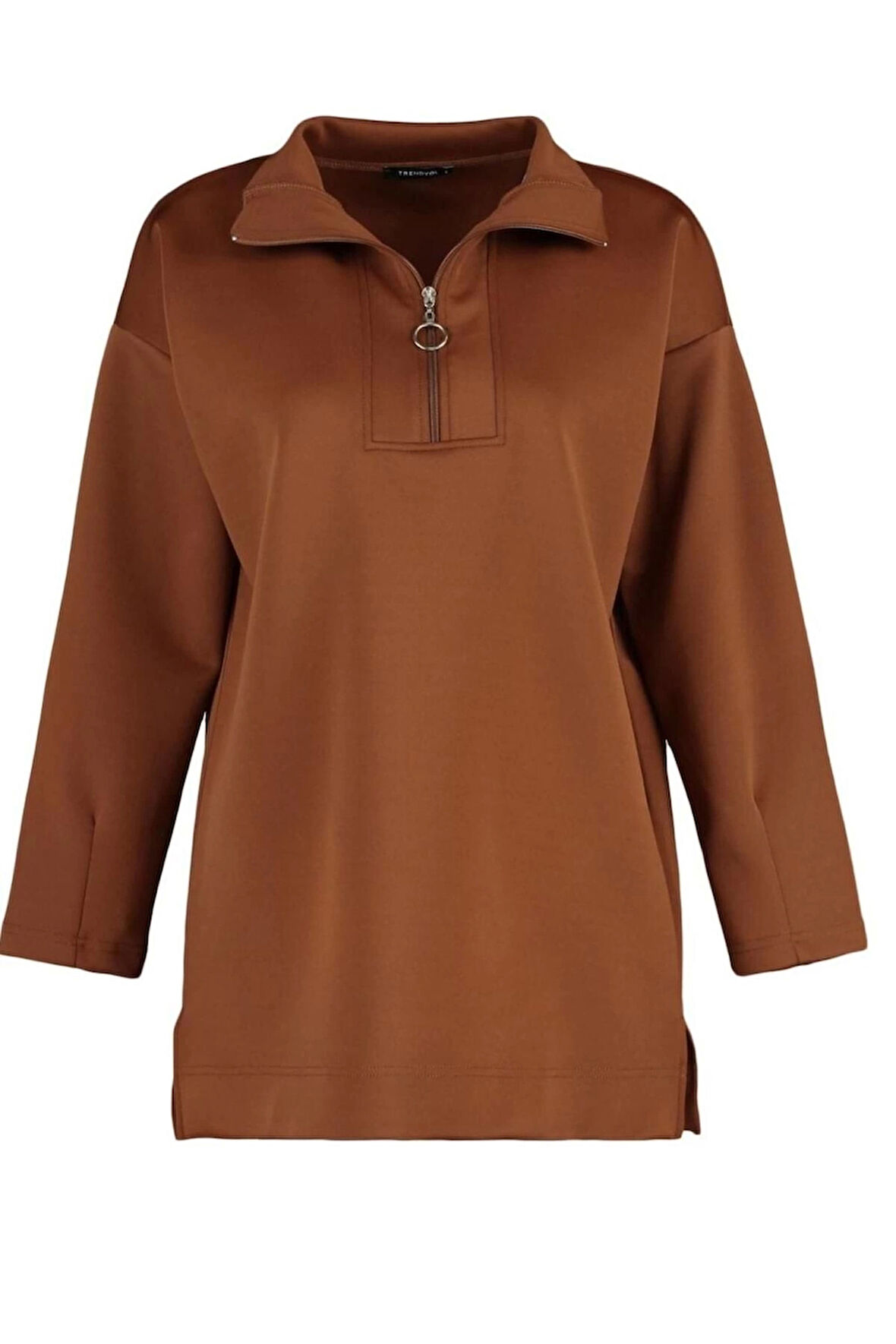 Kadın Tesettür Moda Regular Dik Yaka Düşük Kol Regular Fermuar Detaylı Dalgıç Scuba Örme Sweatshirt