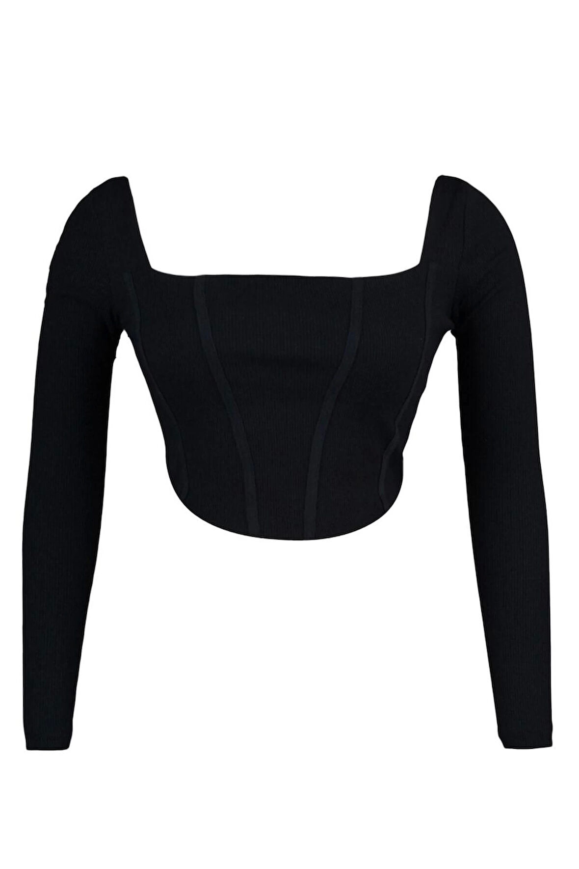 Kadın Moda Şık Büyük Beden Crop Kare Yaka Fitted Kalıp Örme Fittilli Biye Detaylı Bluz