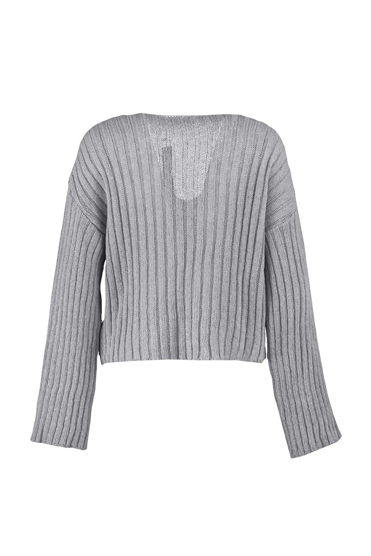 Kadın Moda Şık V Yaka Standart Kol Crop Yünlü Geniş Kalıp Basic Triko Kazak