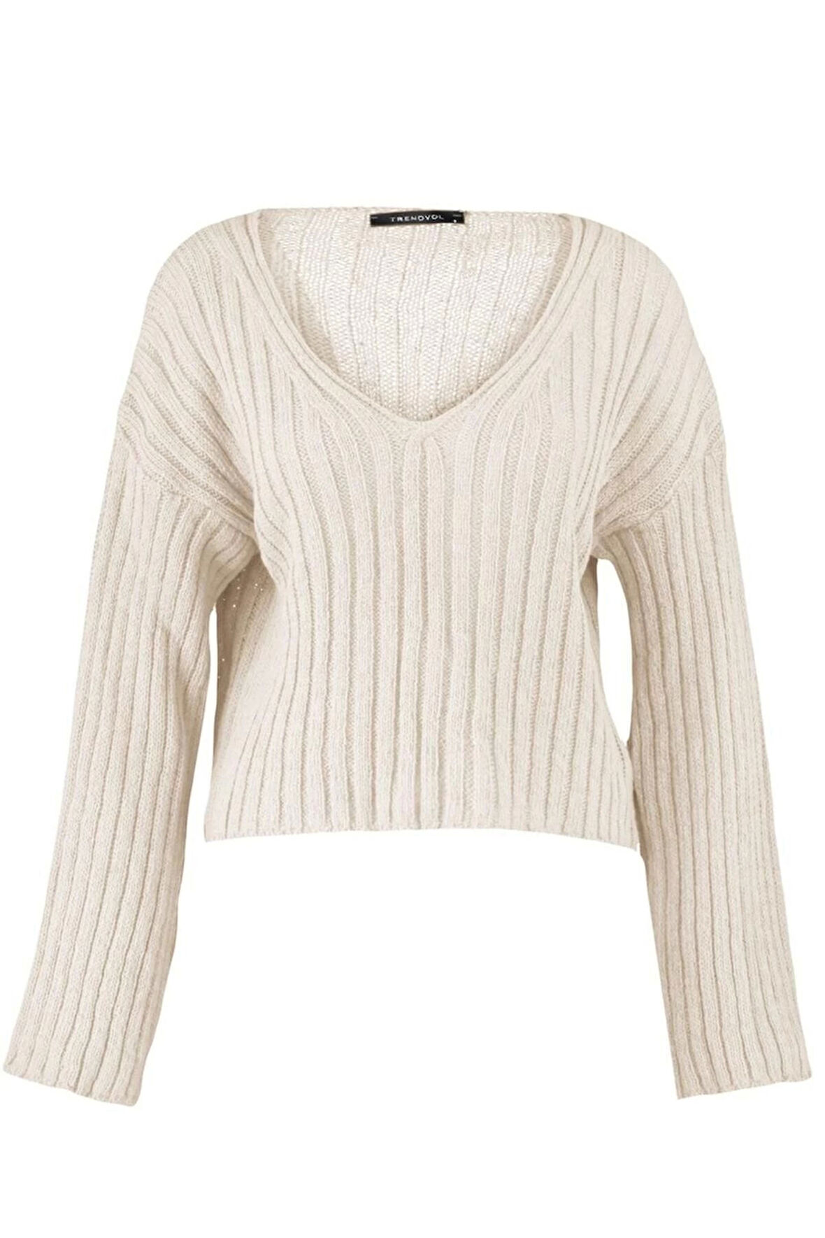 Kadın Moda Şık Crop V Yaka Uzun Kol Düz Yünlü Geniş Kalıp Crop Basic Triko Kazak