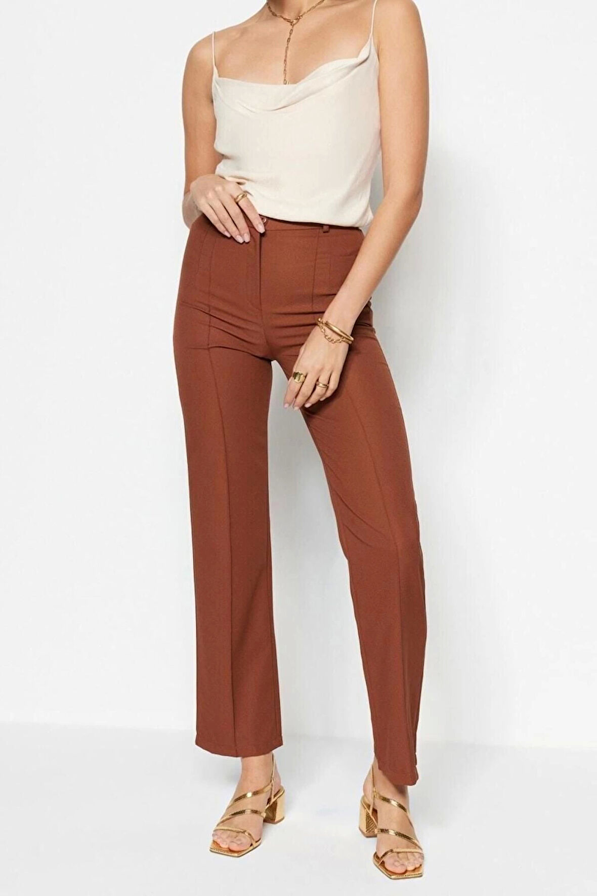 Kadın Yeni Moda Boru Paça Uzun Boy Dokuma Düz Kesim Yüksek Bel Nervür Dikişli Pantolon