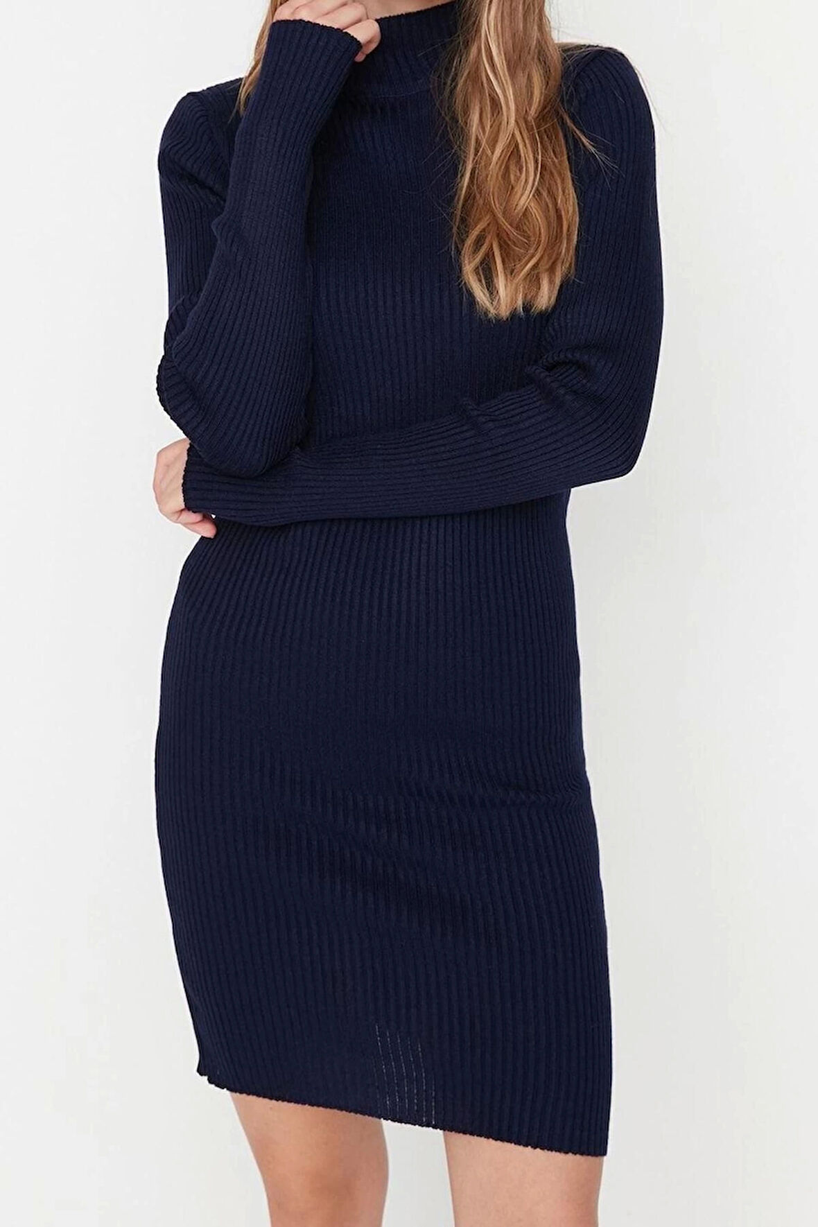 Yeni Slim Casual Günlük Tek Plaka Triko Dik Yaka Uzun Kol Bodycone Mini Boy Elbise