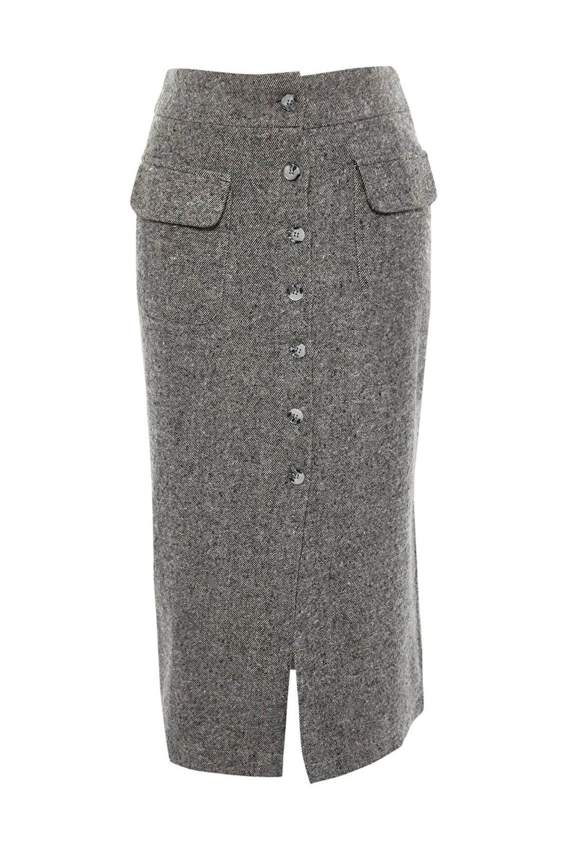 Kadın Moda Stil Midi Astarsız Dokuma Cep Detaylı Düğmeli Kaşe Kumaş Midi Dokuma Etek