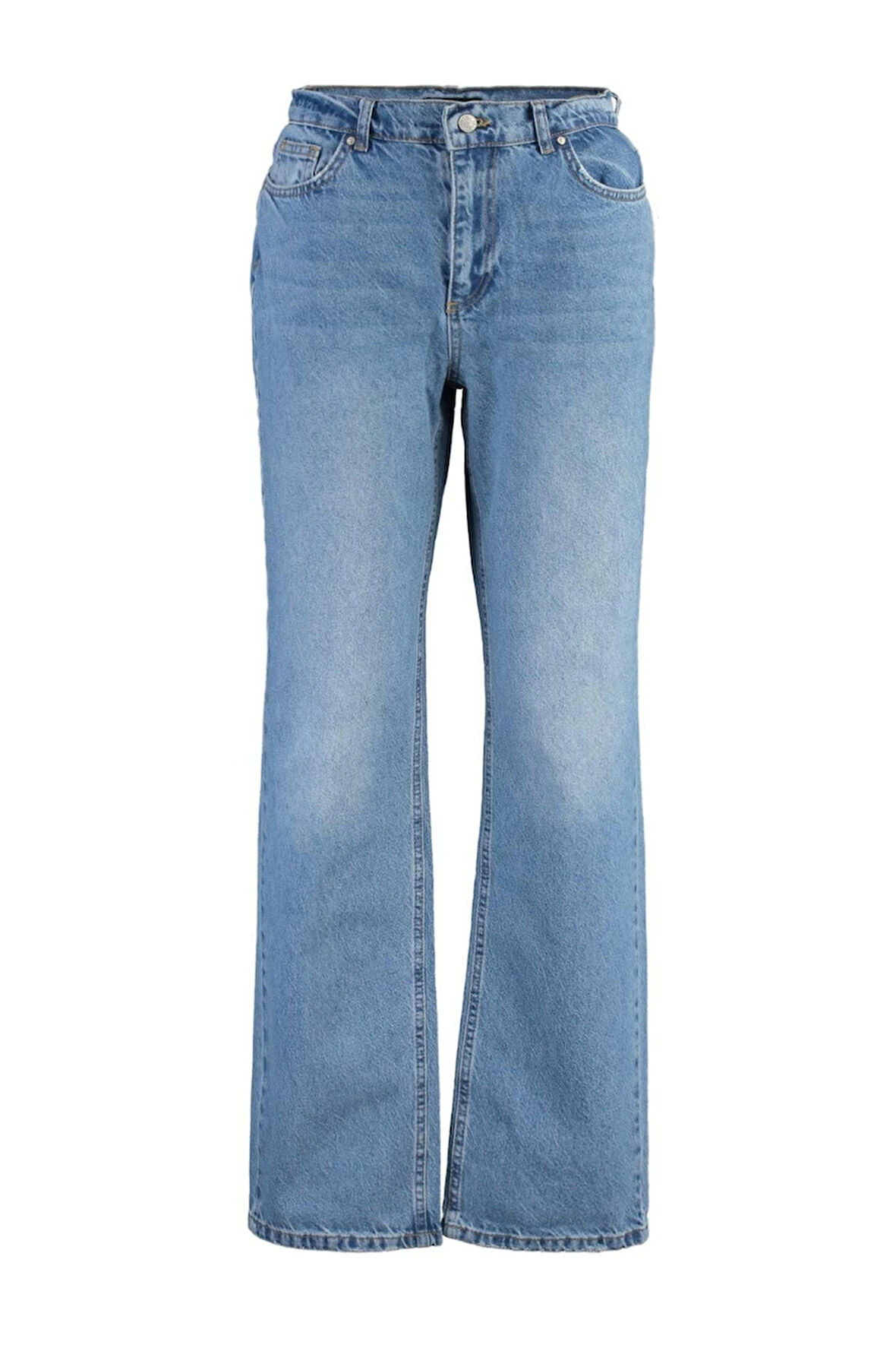 Kadın Moda Şık Kot Pantolon Geniş Paça Regular Boy Denim Mavi Düşük Bel Jeans