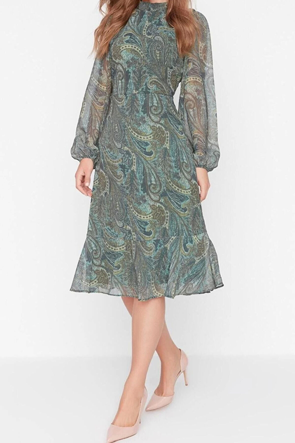 Yeni Regular Gündüz Gece Şifon Dokuma Dik Yaka Uzun Kol A-Line Midi Boy Elbise