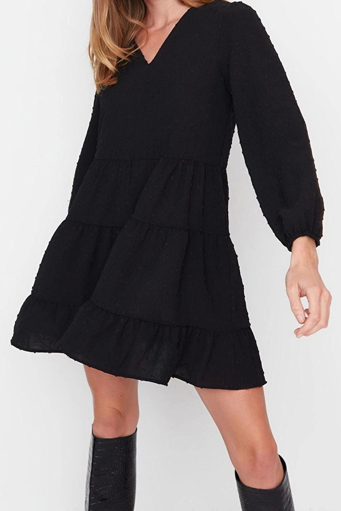 Yeni Rahat Casual Günlük Aerobin Dokuma V Yaka Uzun Kol Shift Mini Boy Elbise