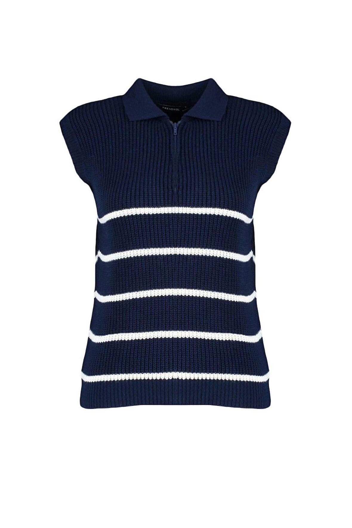 Kadın Moda Şık Polo Yaka Standart Kol Regular Fermuarlı Çizgili Triko Süveter