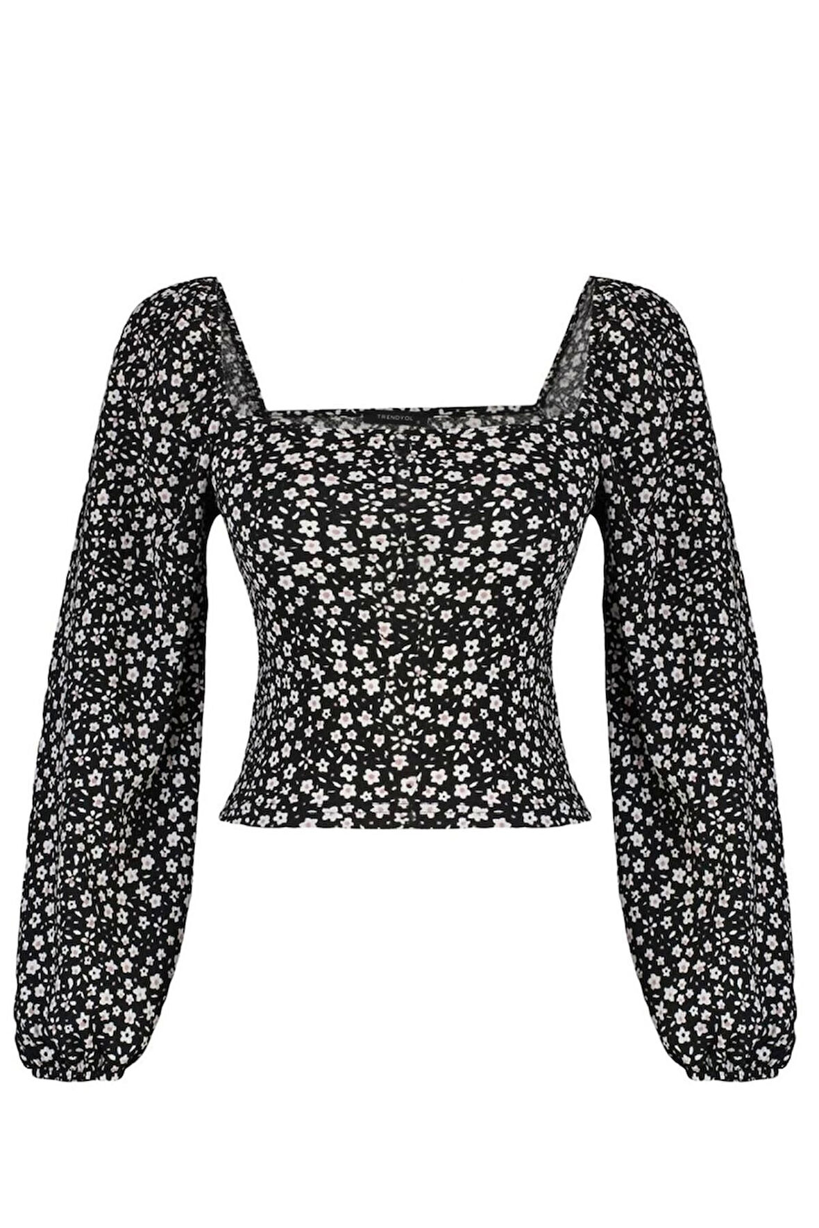Kadın Crop Balon Kol Regular Kalıp Örme Puantiyeli Fitted Vücuda Oturan Bürümcük Dokulu Bluz