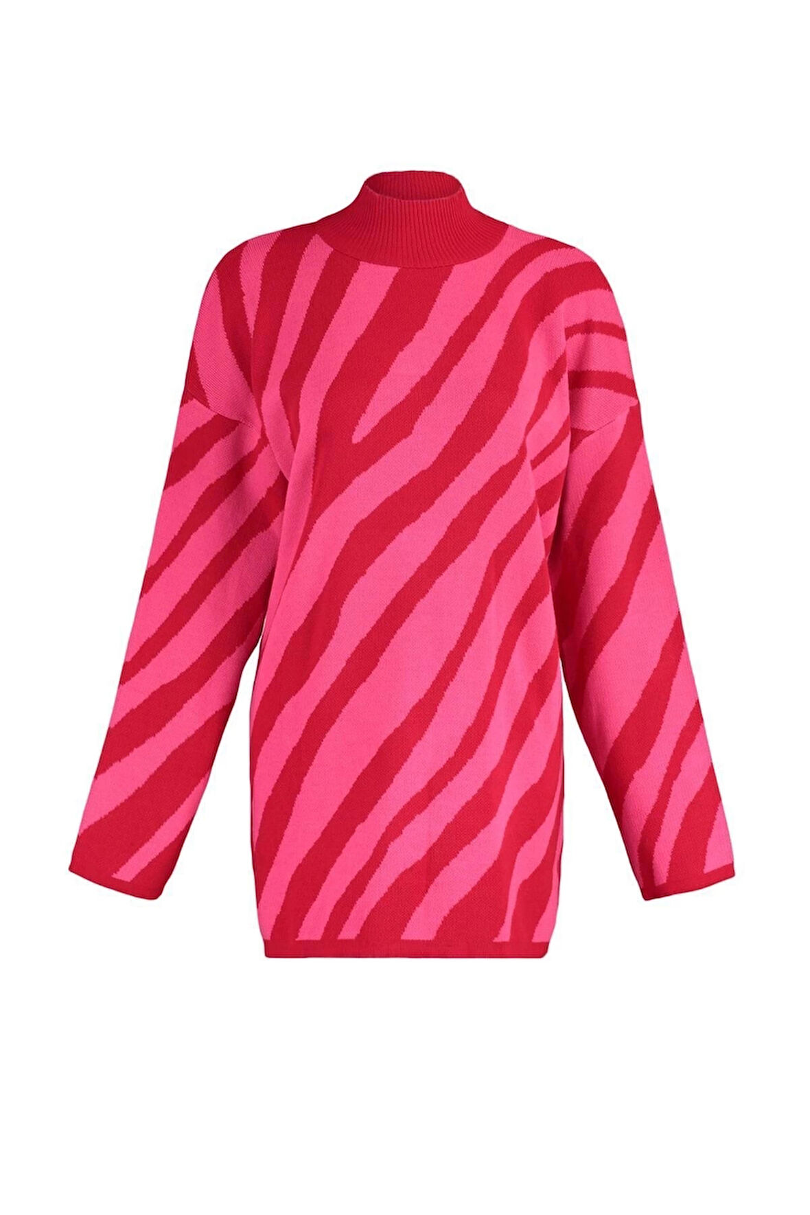 Kadın Moda Şık Tesettür Dik Yaka Düşük Kol Regular Pembe Animal Çizgi Desenli Triko Kazak