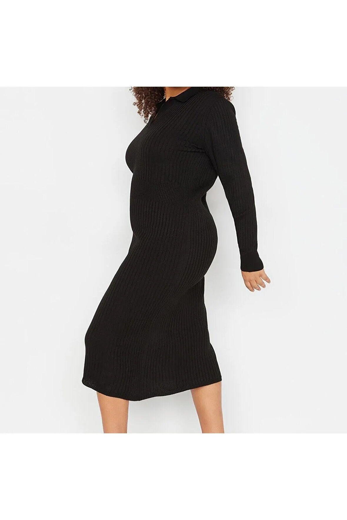 Yeni Fit Casual Günlük Fitilli Triko Polo Yaka Uzun Kol Bodycone Midi Boy Büyük Beden Elbise