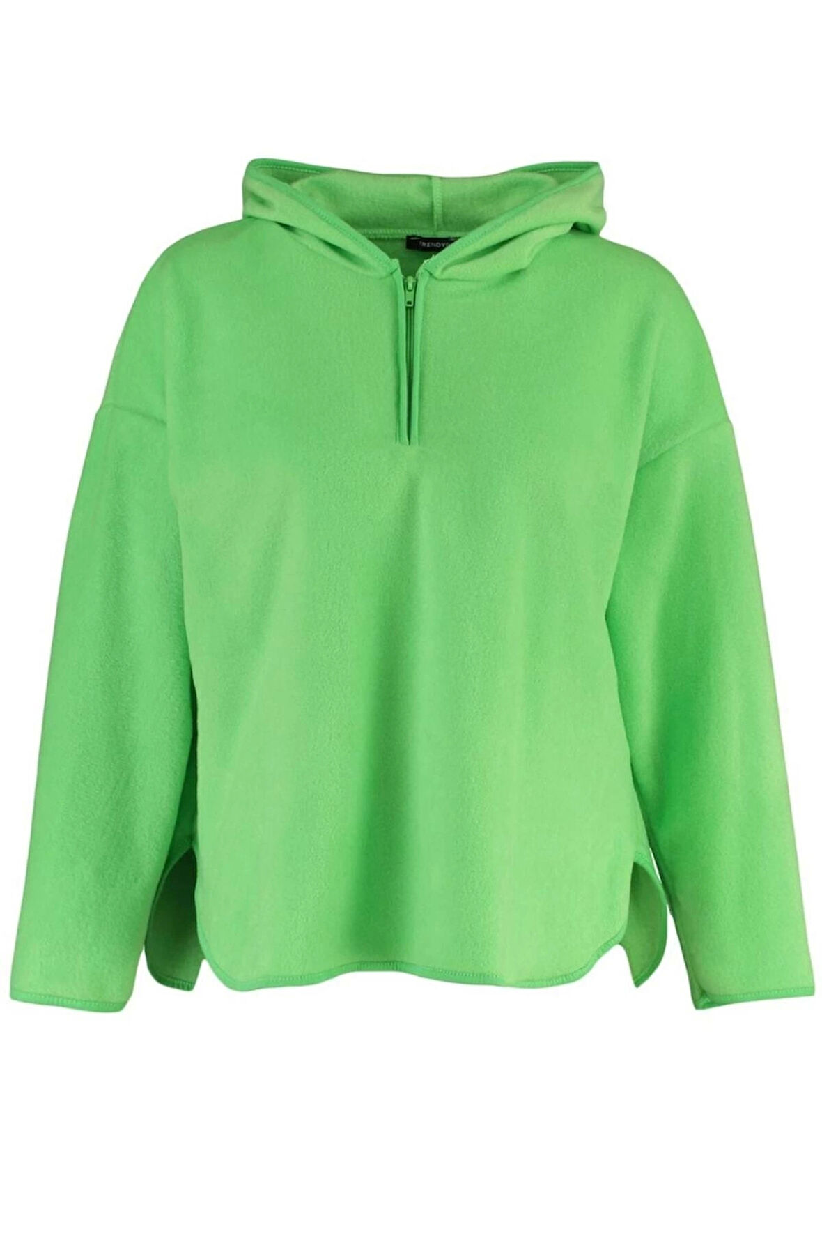 Kadın Moda Şık Bol Kapüşonlu Düşük Kol Uzun Kalın Polar ve Fermuarlı Geniş Kalıp Örme Sweatshirt