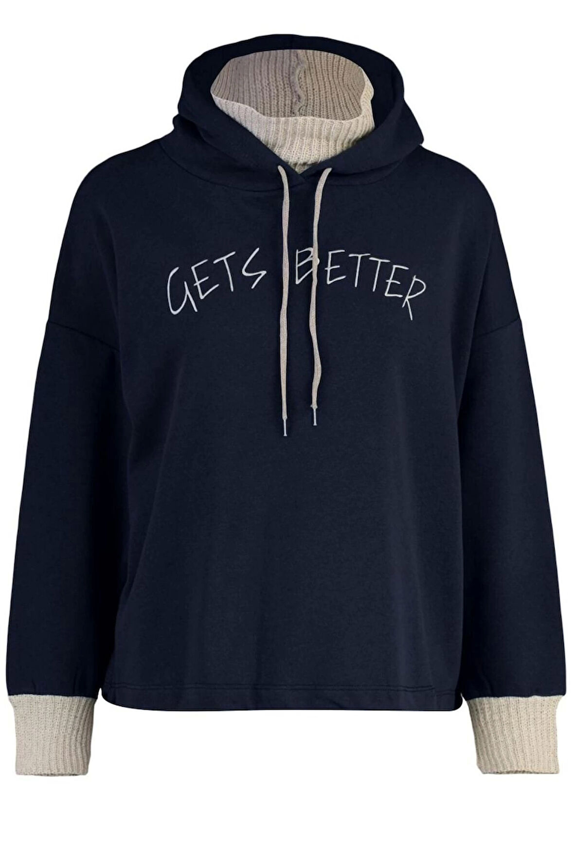 Kadın Moda Şık Relaxed Kapüşonlu Düşük Kol Uzun Kalın İçi Polarlı Triko Bant Detaylı Örme Sweatshirt