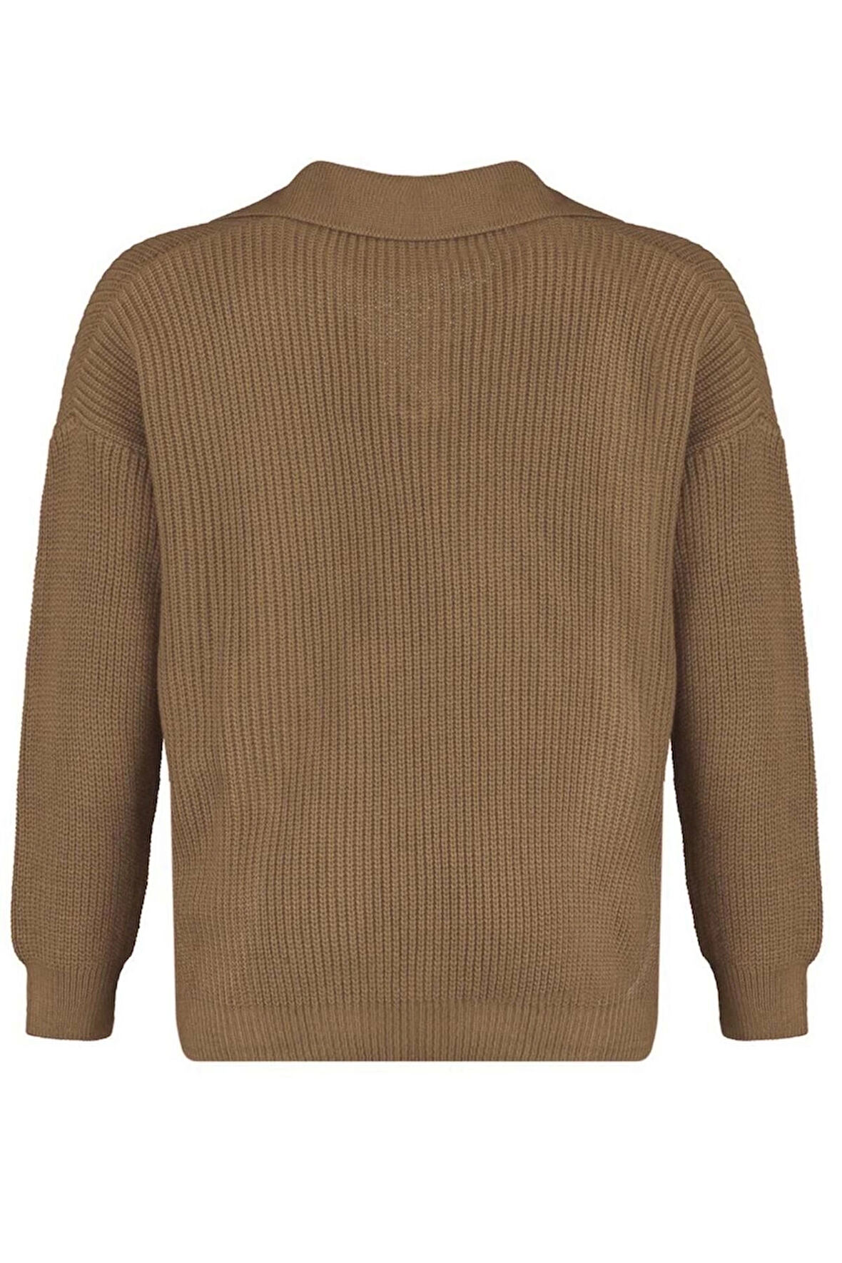 Kadın Büyük Beden Moda Şık Regular Polo Yaka Uzun Kol Düz Gömlek Yaka Selanik Örgü Triko Kazak