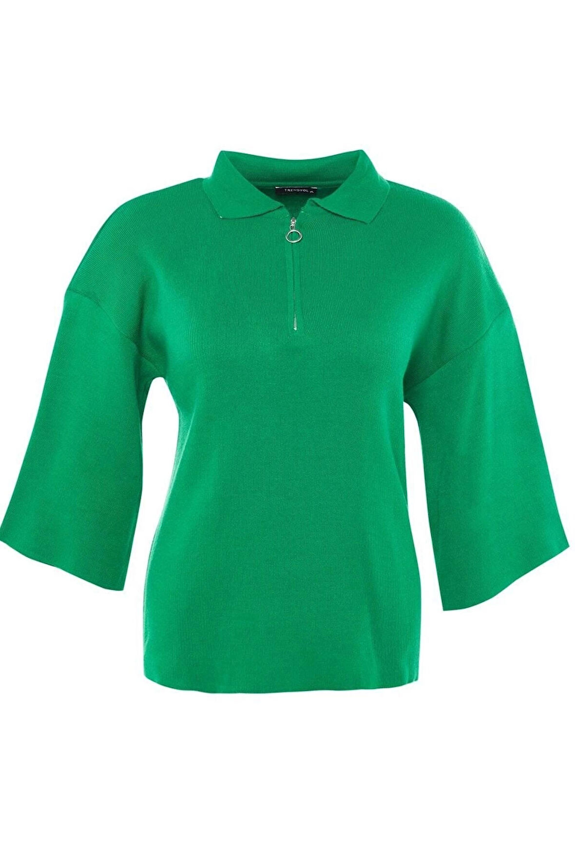 Kadın Büyük Beden Moda Şık Regular Polo Yaka Uzun Kol Düz Polo Yaka Fermuar Detaylı Triko Kazak