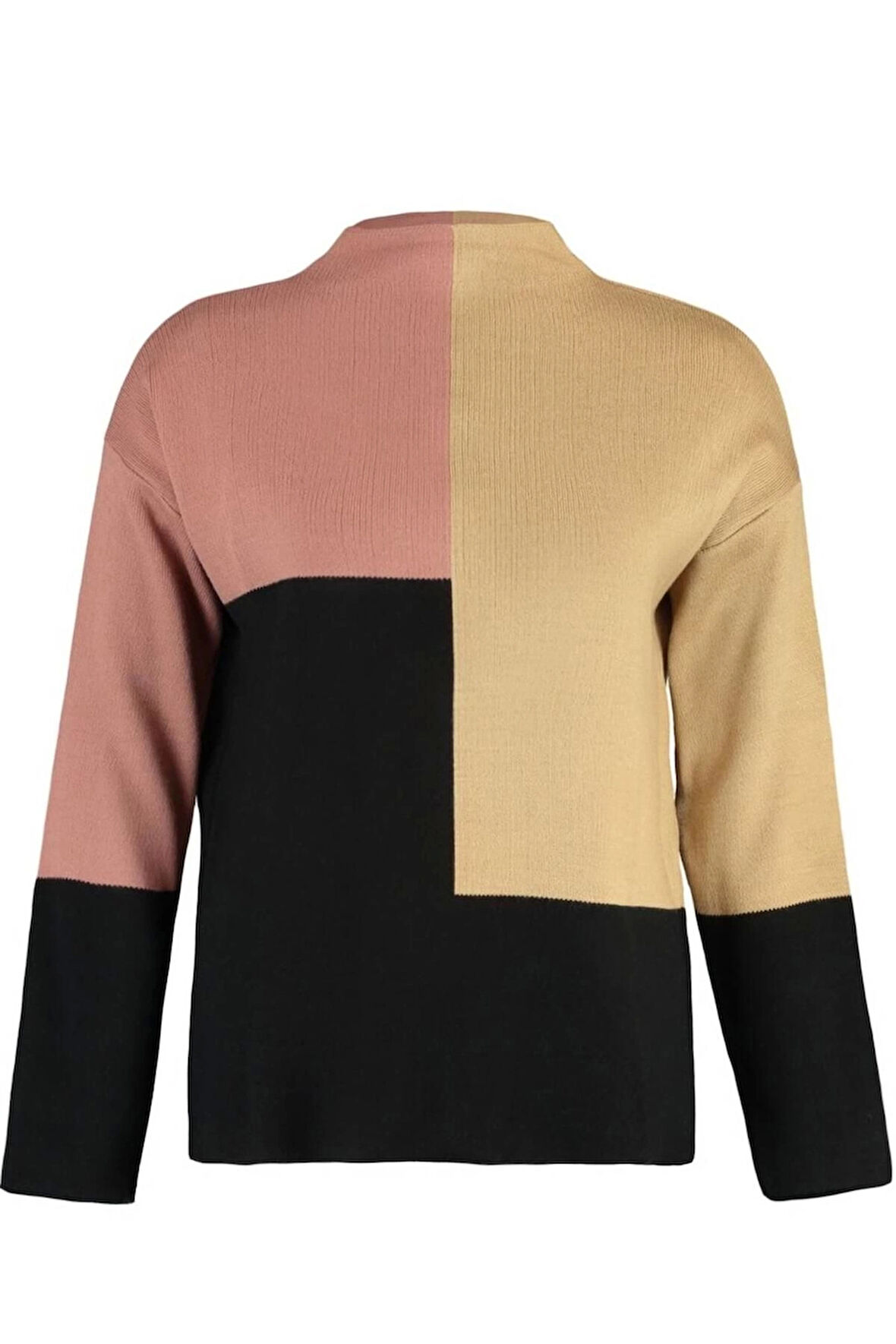 Kadın Tesettür Moda Şık Regular Dik Yaka Uzun Kol Renk Bloklu Dik Yaka Triko Kazak