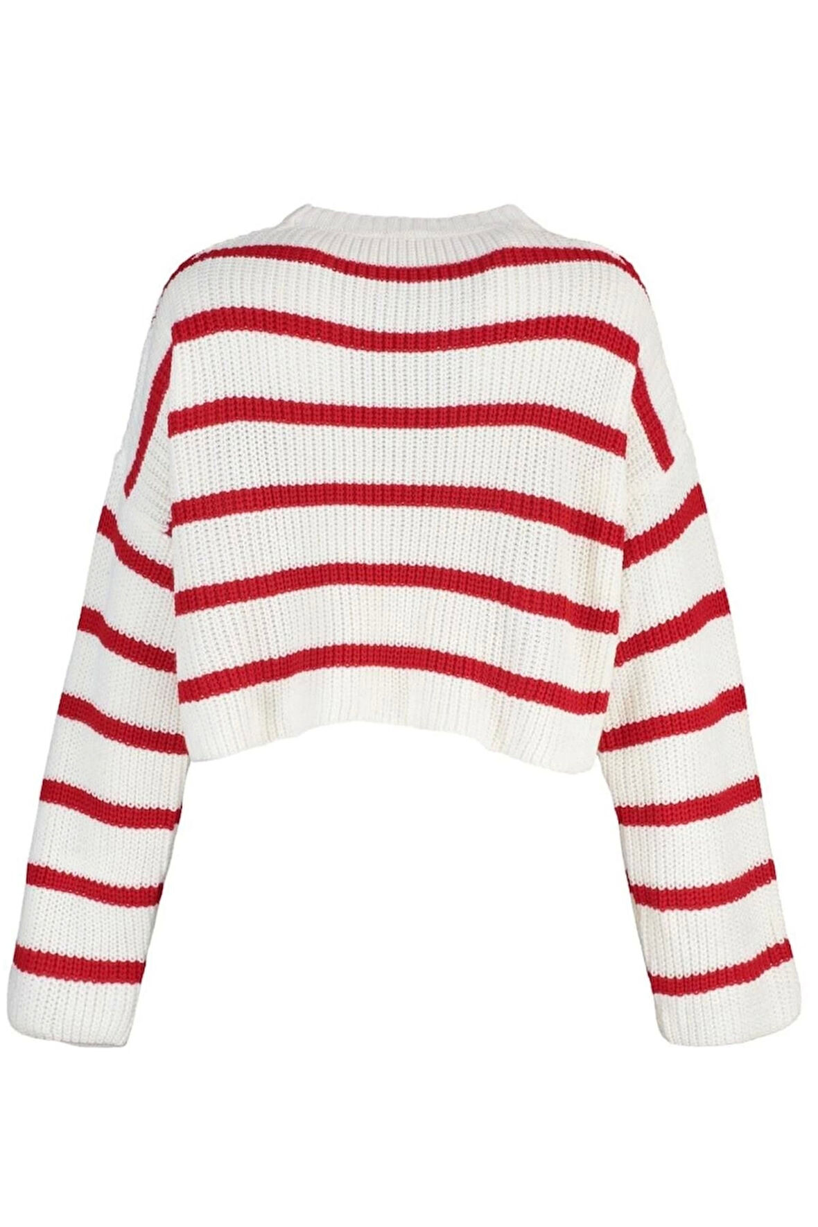 Kadın Moda Şık Crop Bisiklet Yaka Uzun Kol Çizgili Crop Basic Triko Kazak