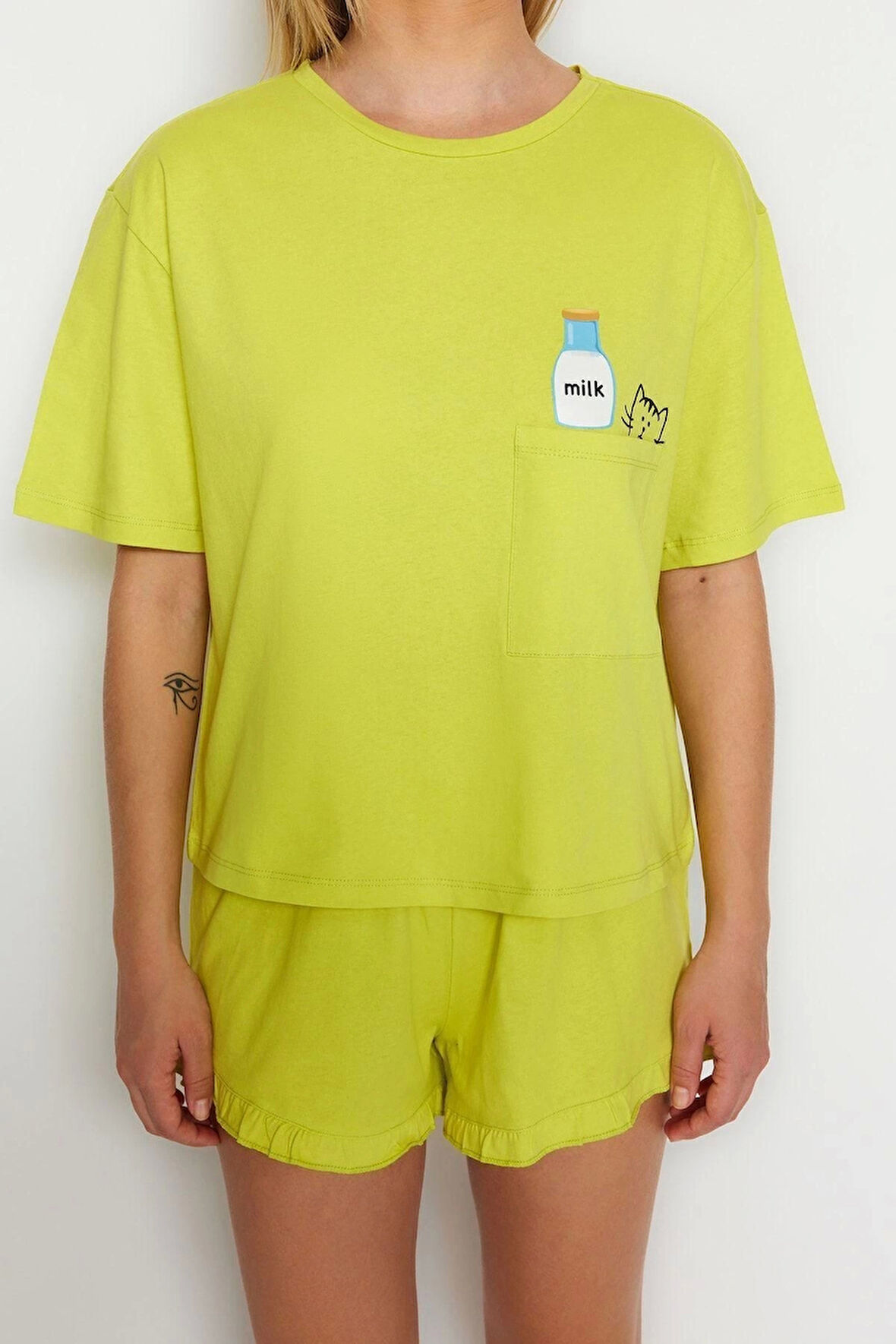 Kadın Pamuklu Bisiklet Yaka Kısa Kol Pamuklu Baskılı T-shirt-Şort Örme Pijama Takımı