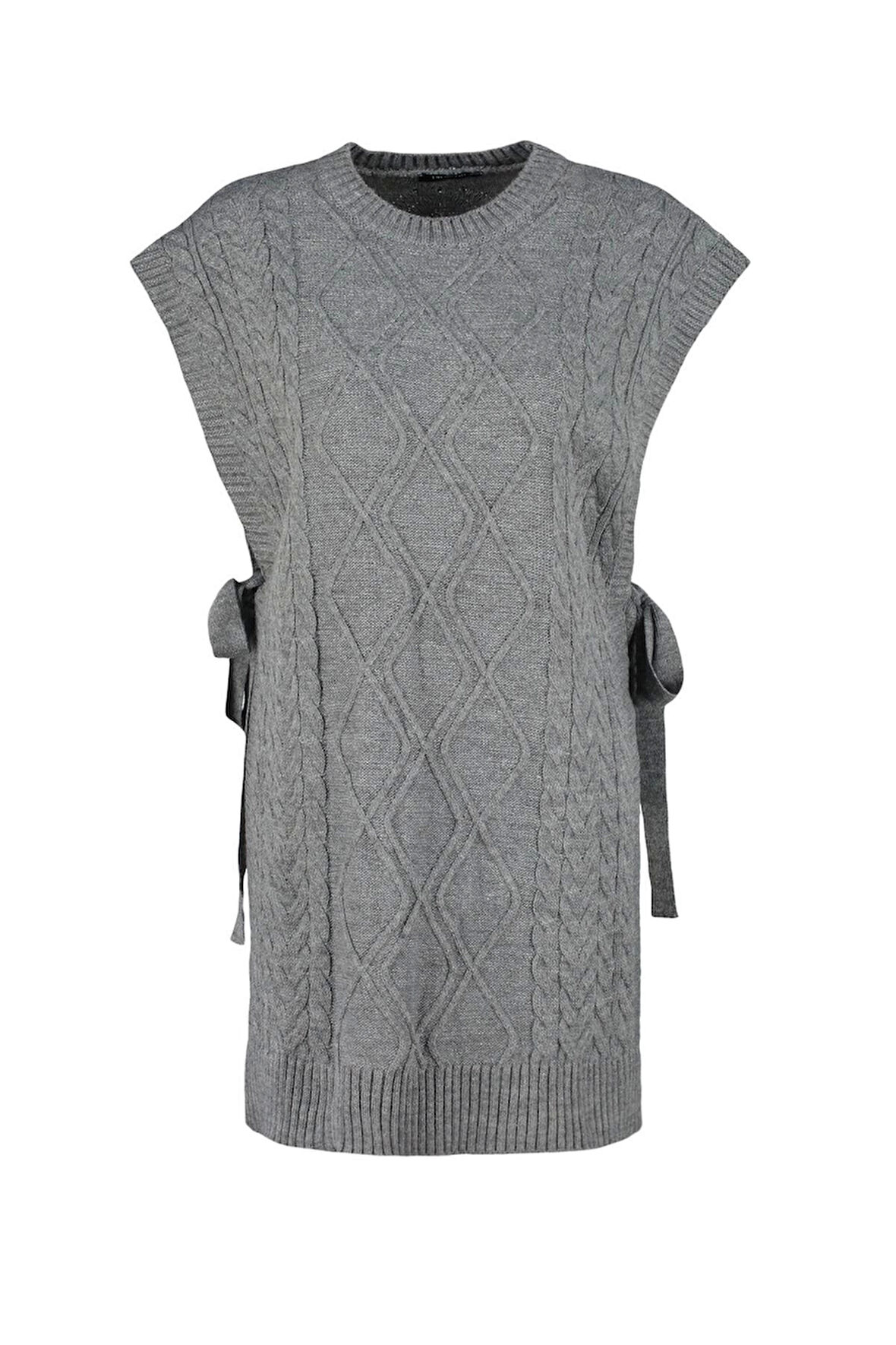 Kadın Moda Şık Tesettür Bisiklet Yaka Düşük Kol Midi Beli Bağlamalı Saç Örgülü Triko Süveter