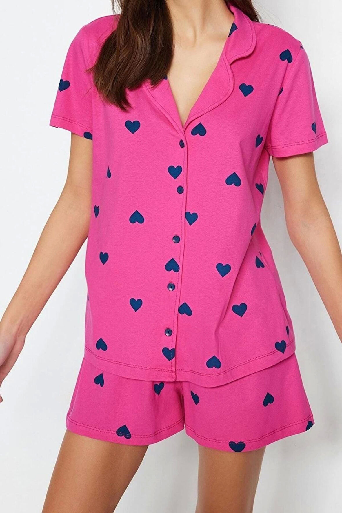 Kadın %100 Pamuk Gömlek Yaka Kısa Kol %100 Pamuk Kalp Desenli Gömlek-Şort Örme Pijama Takımı