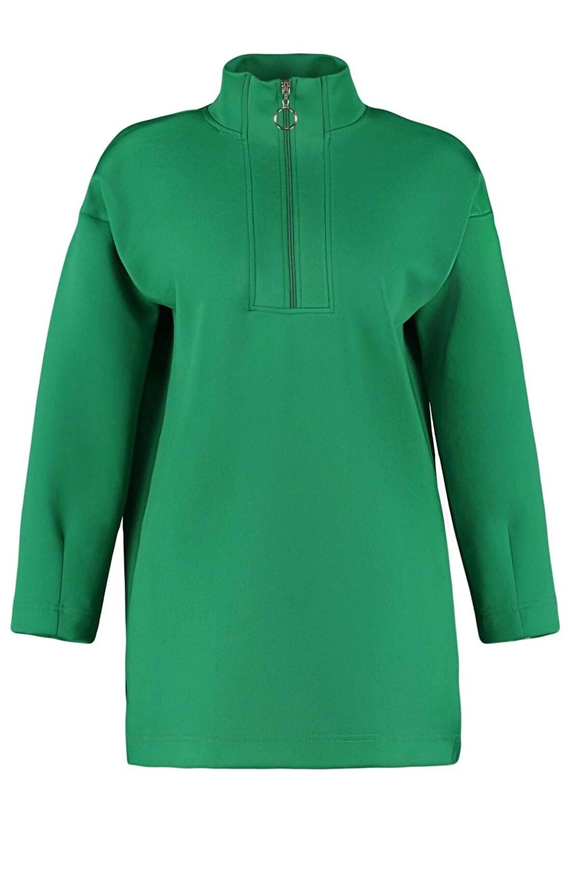 Kadın Tesettür Moda Regular Dik Yaka Düşük Kol Regular Fermuar Detaylı Dalgıç Scuba Örme Sweatshirt