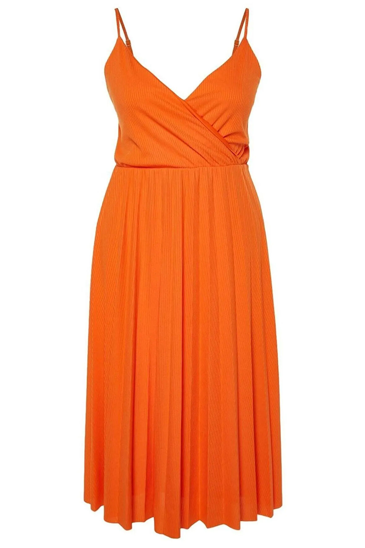 Yeni Rahat Casual Günlük Kaşkorse Örme Kruvaze Askılı Kol A-Line Midi Boy Büyük Beden Elbise