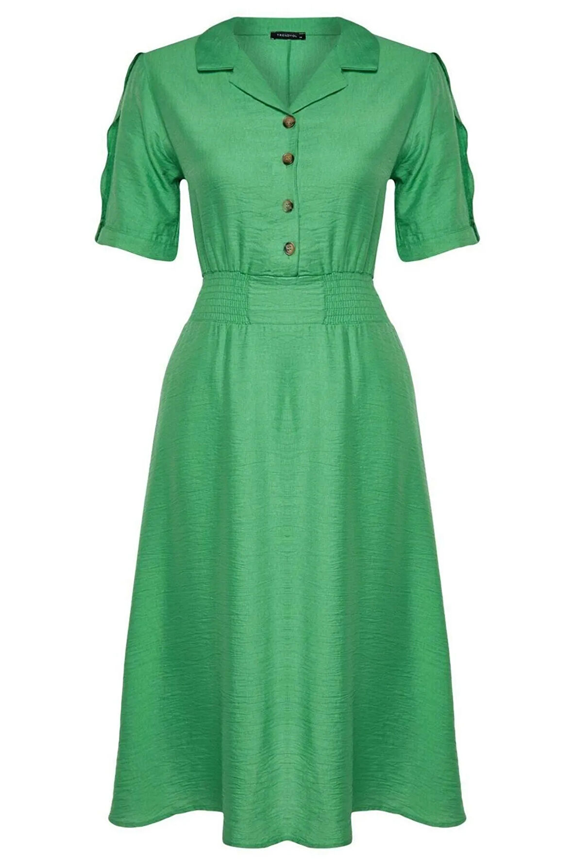 Yeni Rahat Casual Günlük Aerobin Dokuma Gömlek Yaka Kısa Kol A-Line Midi Boy Büyük Beden Elbise