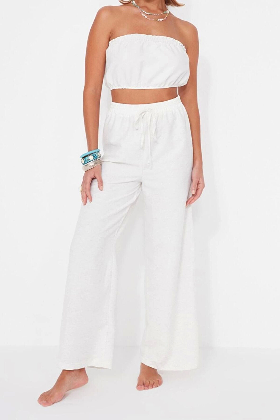 Kadın Moda Şık Boru Paça Uzun Boy Uzun Kollu Dokuma Bluz Pantolon Takım