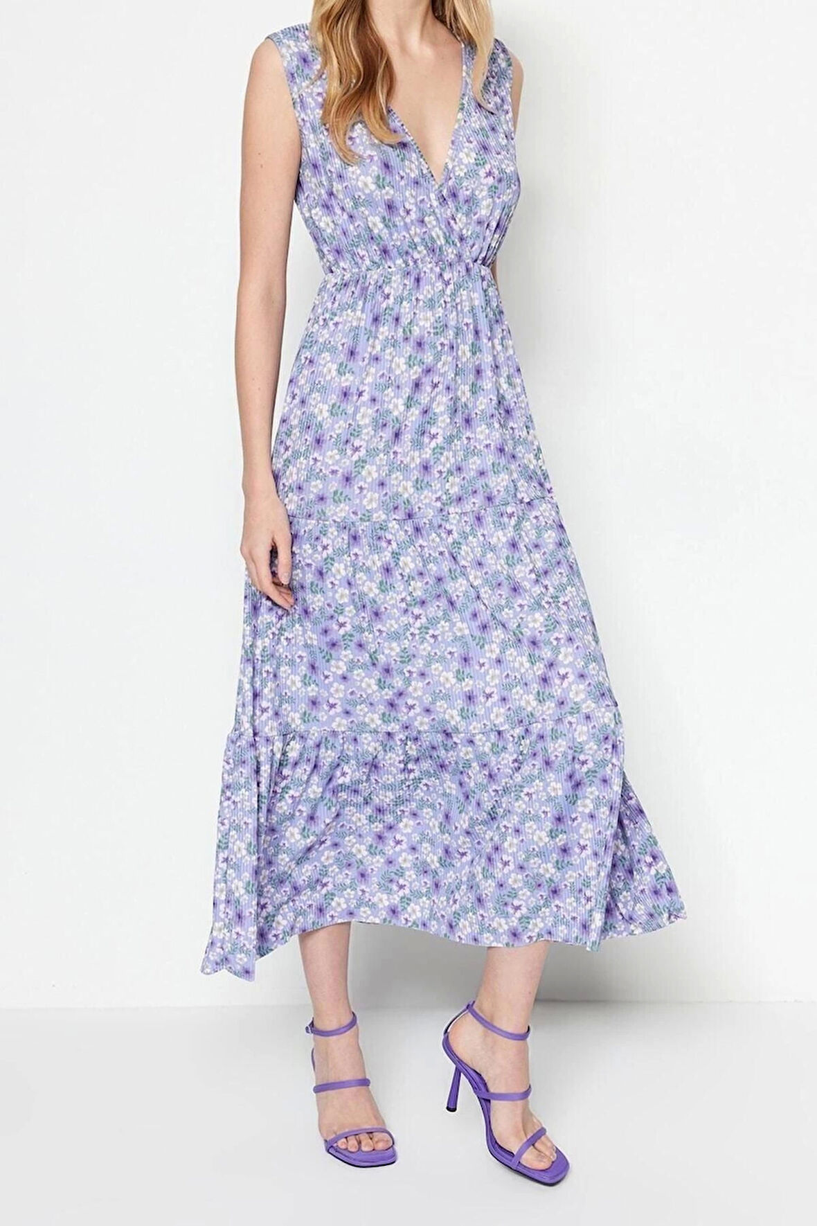 Yeni Regular Casual Günlük Polyester Kaşkorse Örme V Yaka Kolsuz Kol A-Line Maxi Boy Elbise