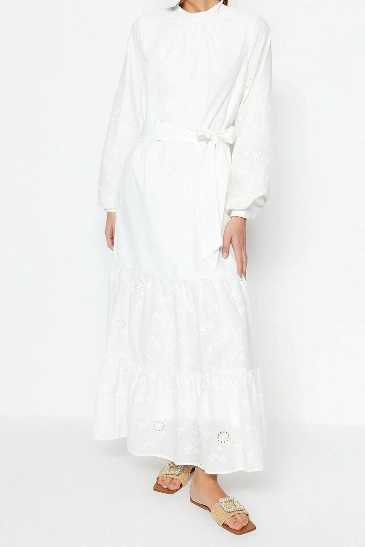 Yeni Regular Casual Günlük Terrycotton Dokuma Bisiklet Yaka Uzun Kol A-Line Maxi Boy Tesettür Elbise
