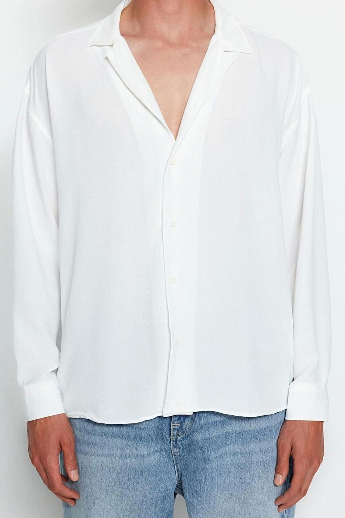 Erkek Moda Uzun Kol Dokuma Yeşil Oversize Fit Apaş Yaka Yazlık Keten Görünümlü Gömlek
